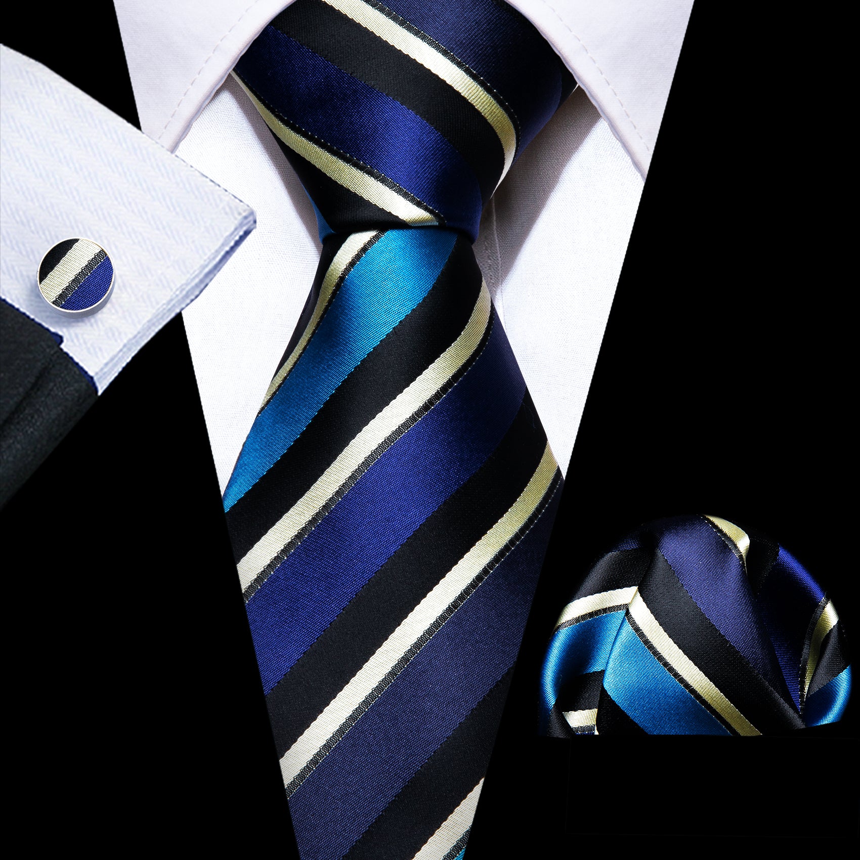 Black suit  Blue necktie yellow stripes and black stripes  for men 