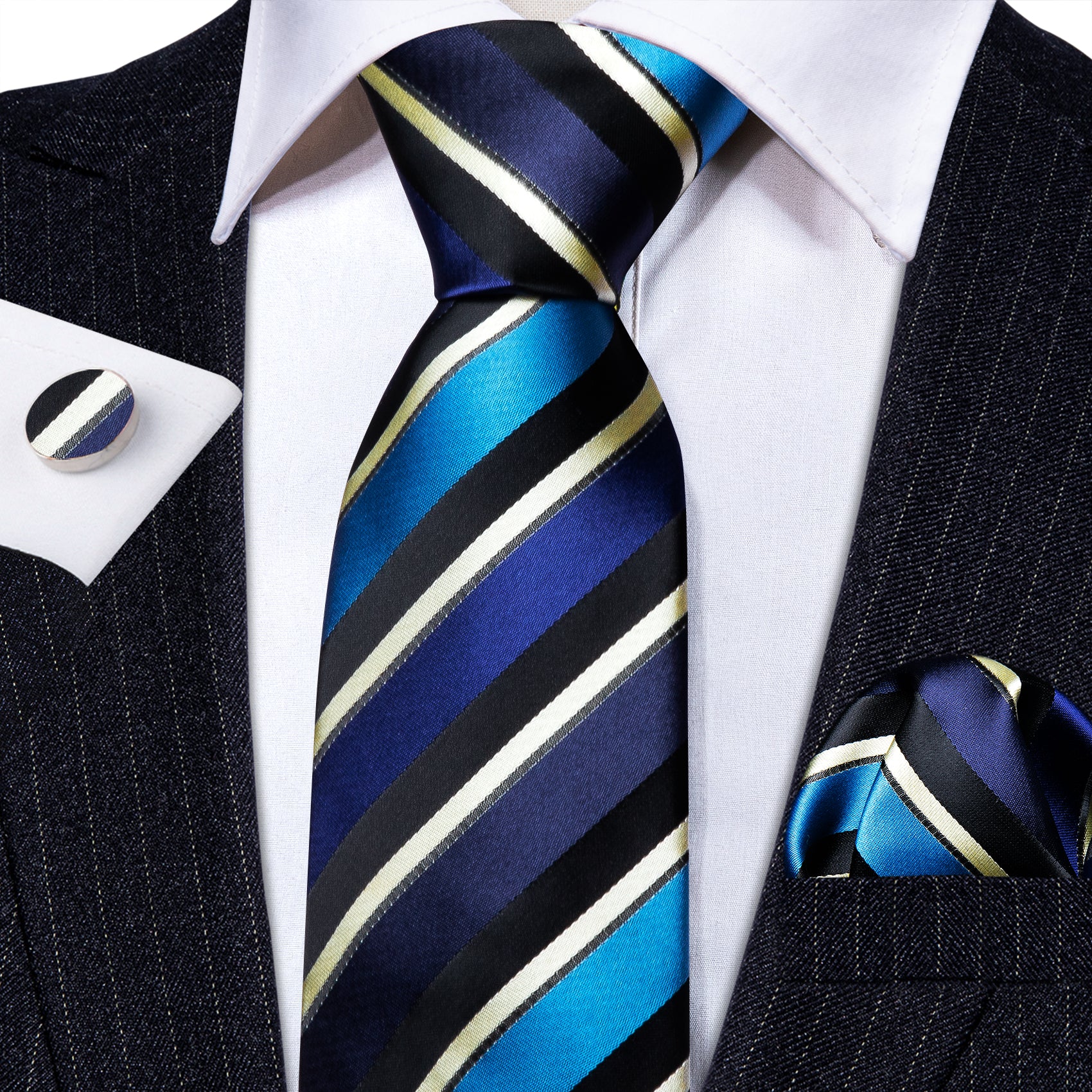 Blue Yellow Striped Silk Necktie Hanky Cufflinks Set