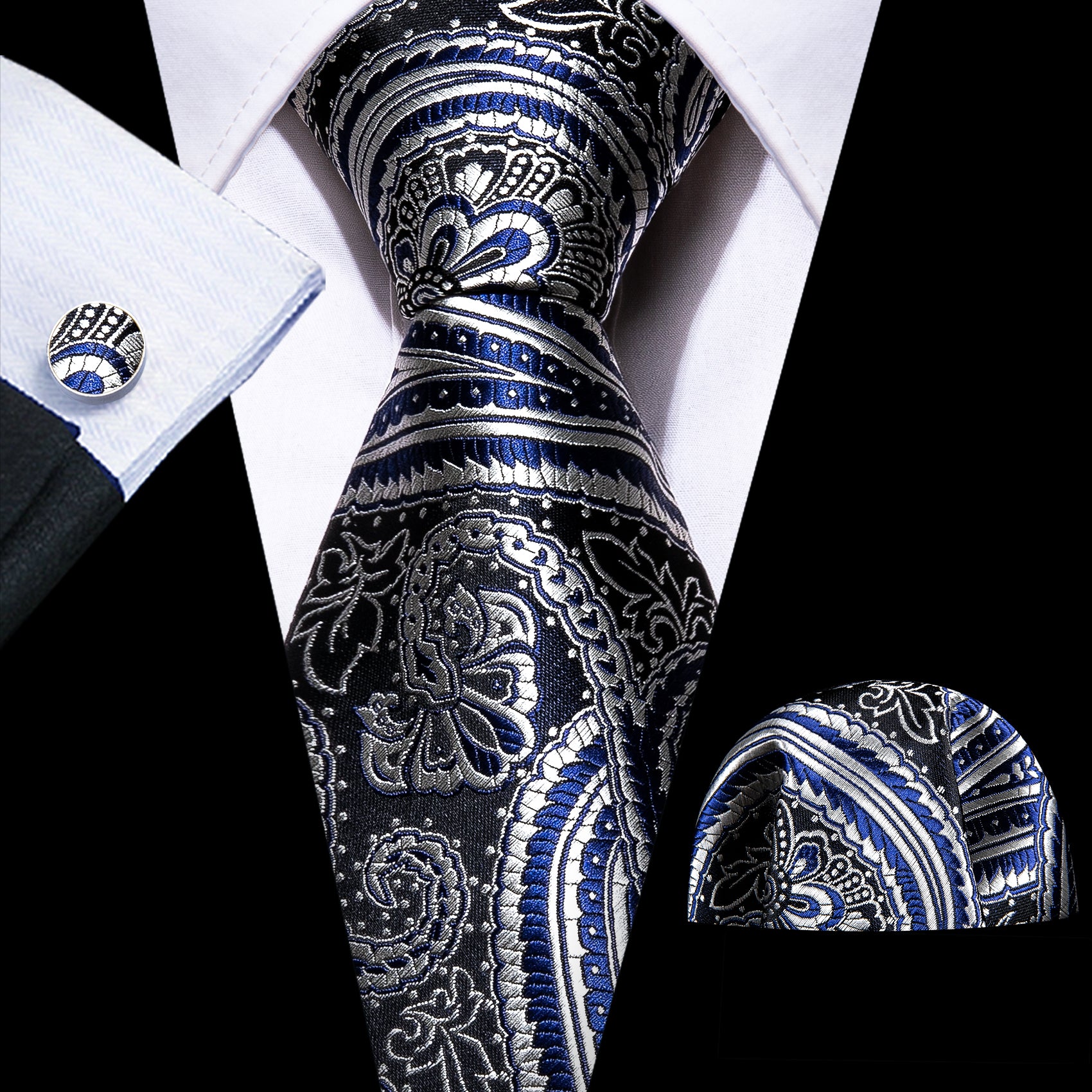 Blue Silver Paisley Silk Necktie Hanky Cufflinks Set