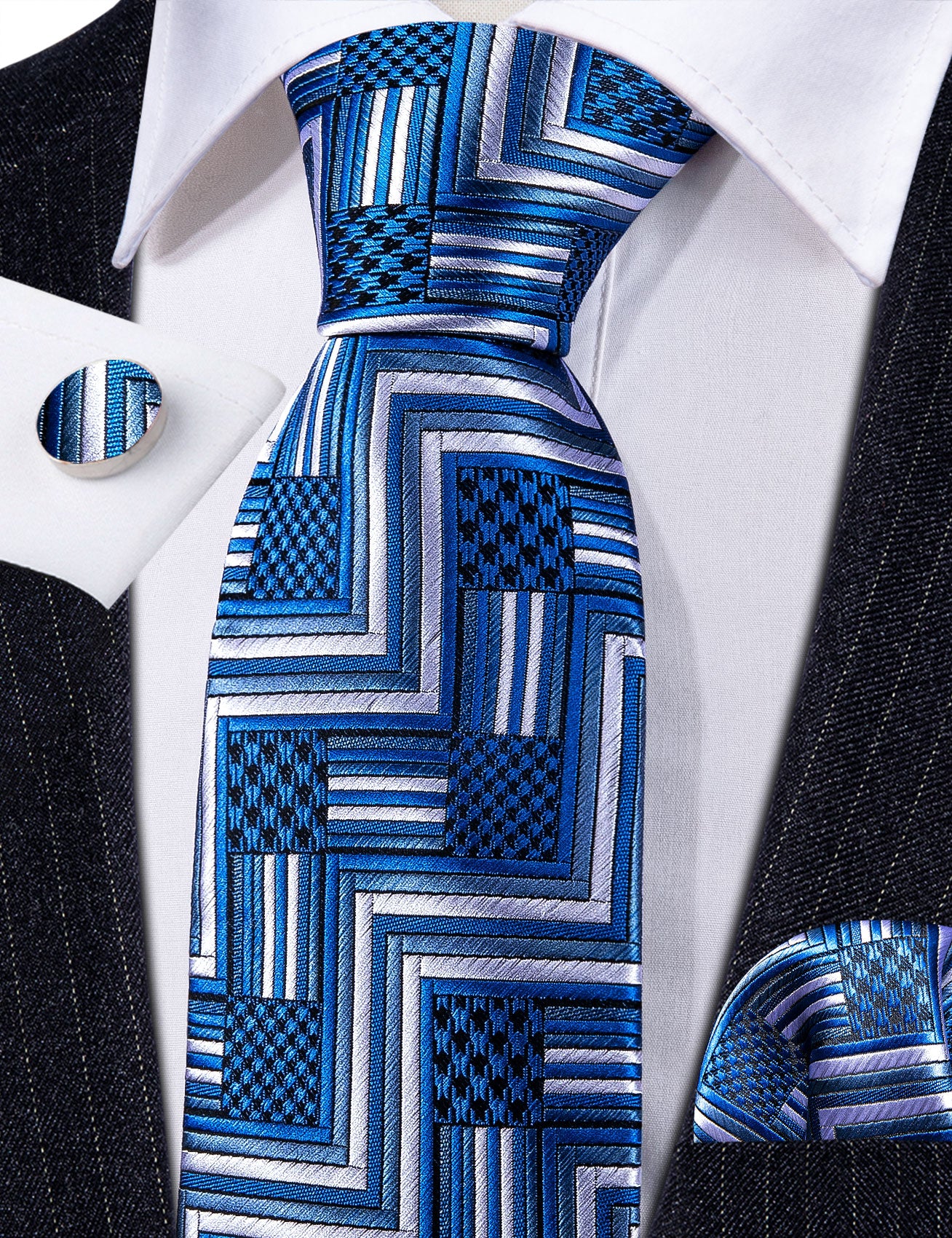 Blue White Plaid Silk Necktie Hanky Cufflinks Set
