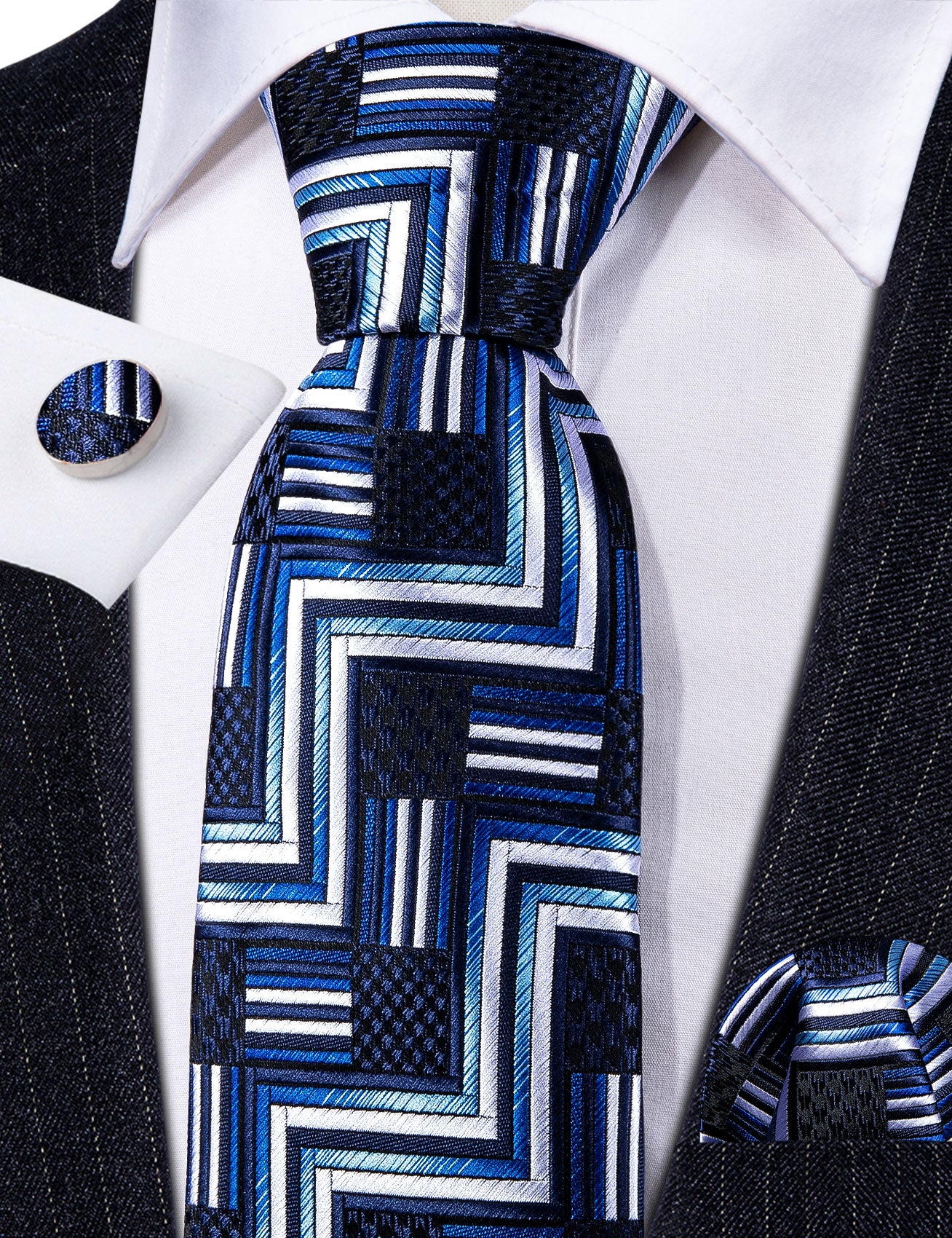Deep Blue White Plaid Silk Necktie Hanky Cufflinks Set