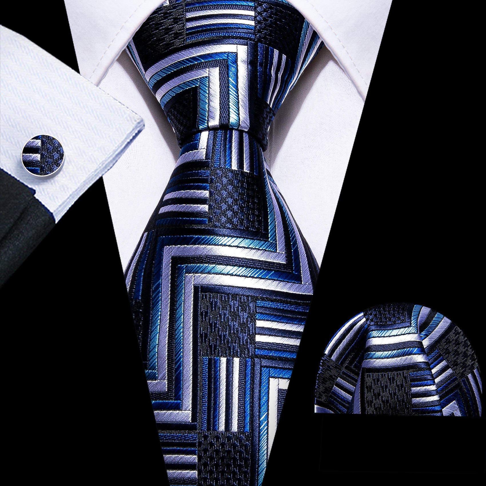 Deep Blue White Plaid Silk Necktie Hanky Cufflinks Set