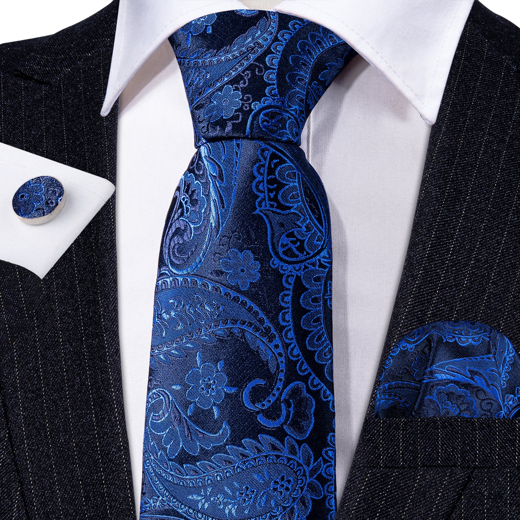 Deep Blue Paisley Silk Necktie Hanky Cufflinks Set