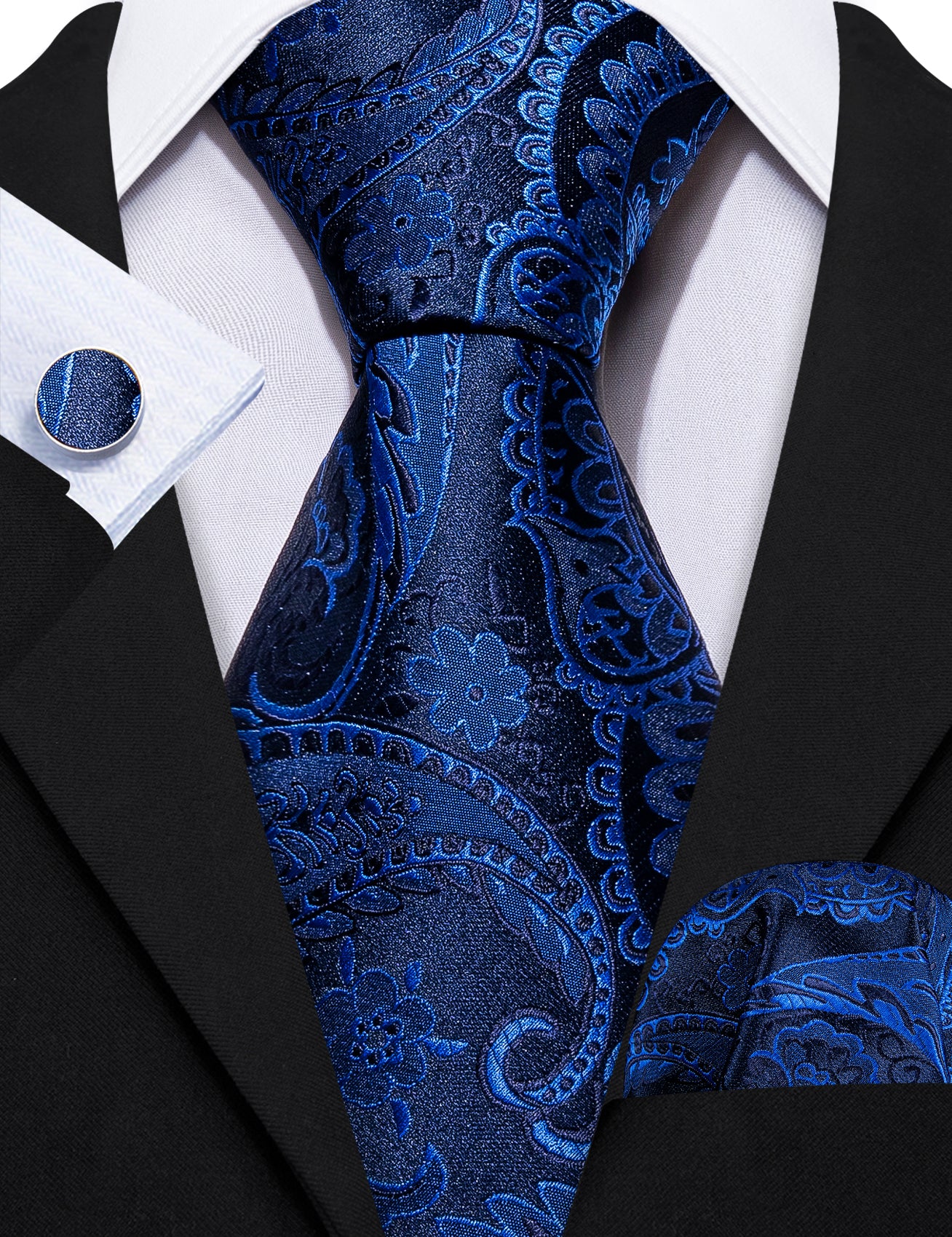 Deep Blue Paisley Silk Necktie Hanky Cufflinks Set