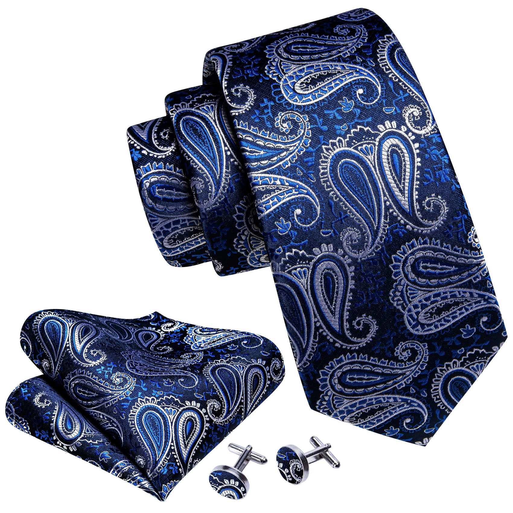 New Blue White Paisley Silk Necktie Hanky Cufflinks Set