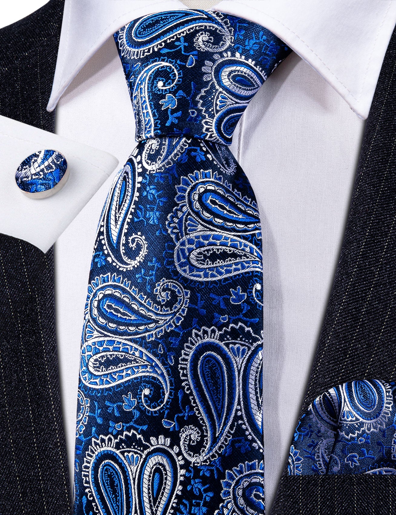 New Blue White Paisley Silk Necktie Hanky Cufflinks Set