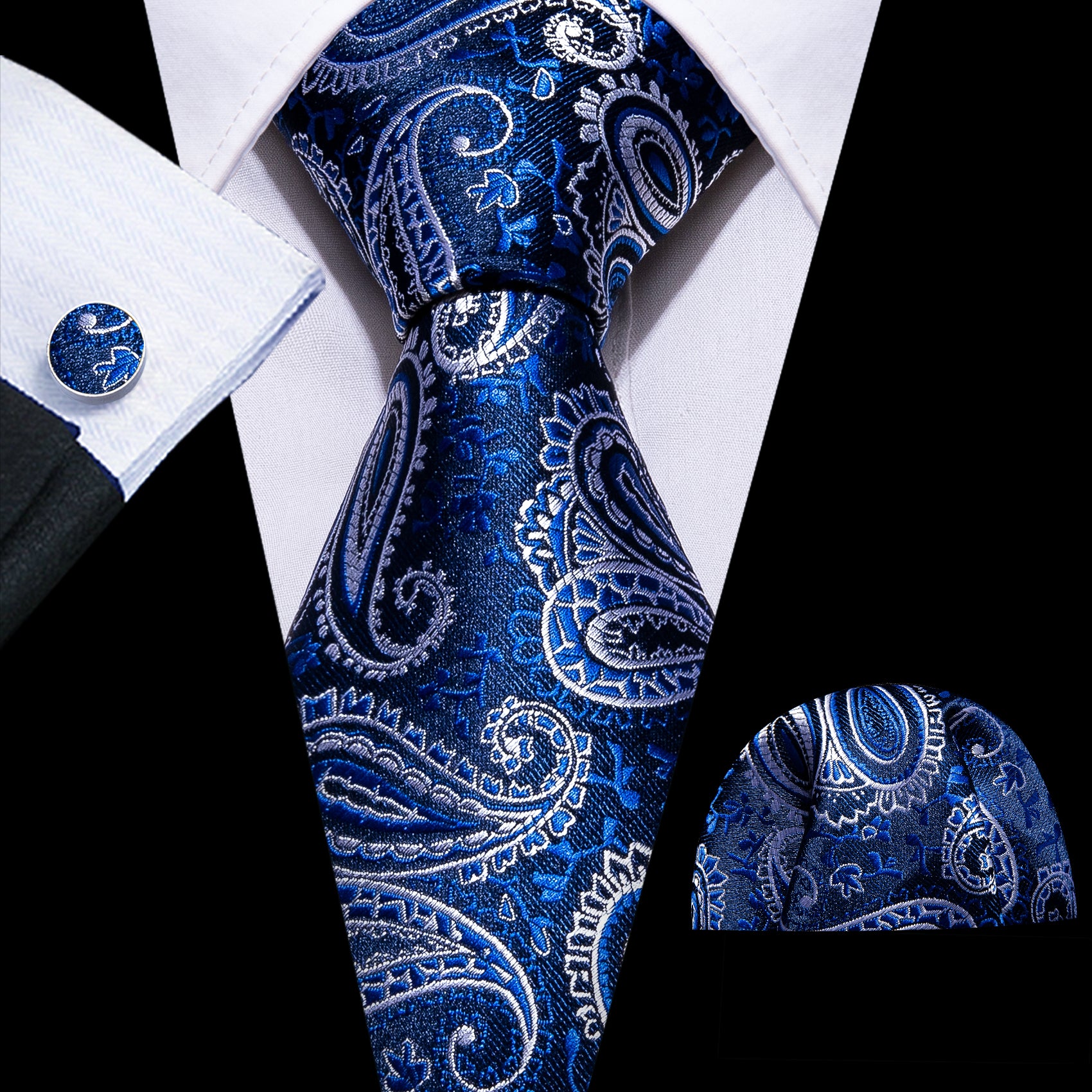Blue White Paisley Silk Necktie Hanky Cufflinks Set