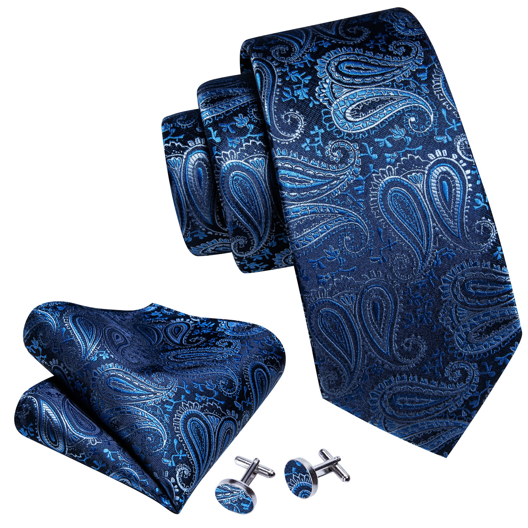 Shining Blue Paisley Silk Necktie Hanky Cufflinks Set