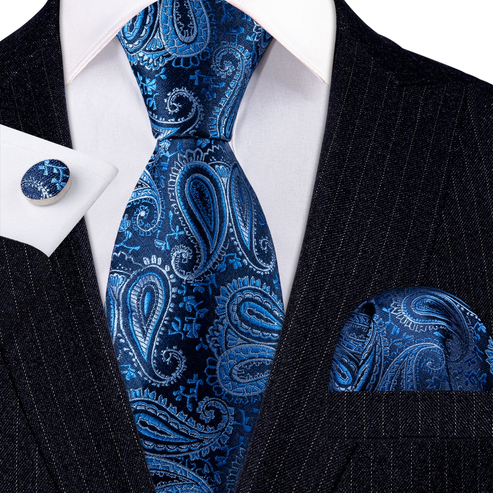 Shining Blue Paisley Silk Necktie Hanky Cufflinks Set