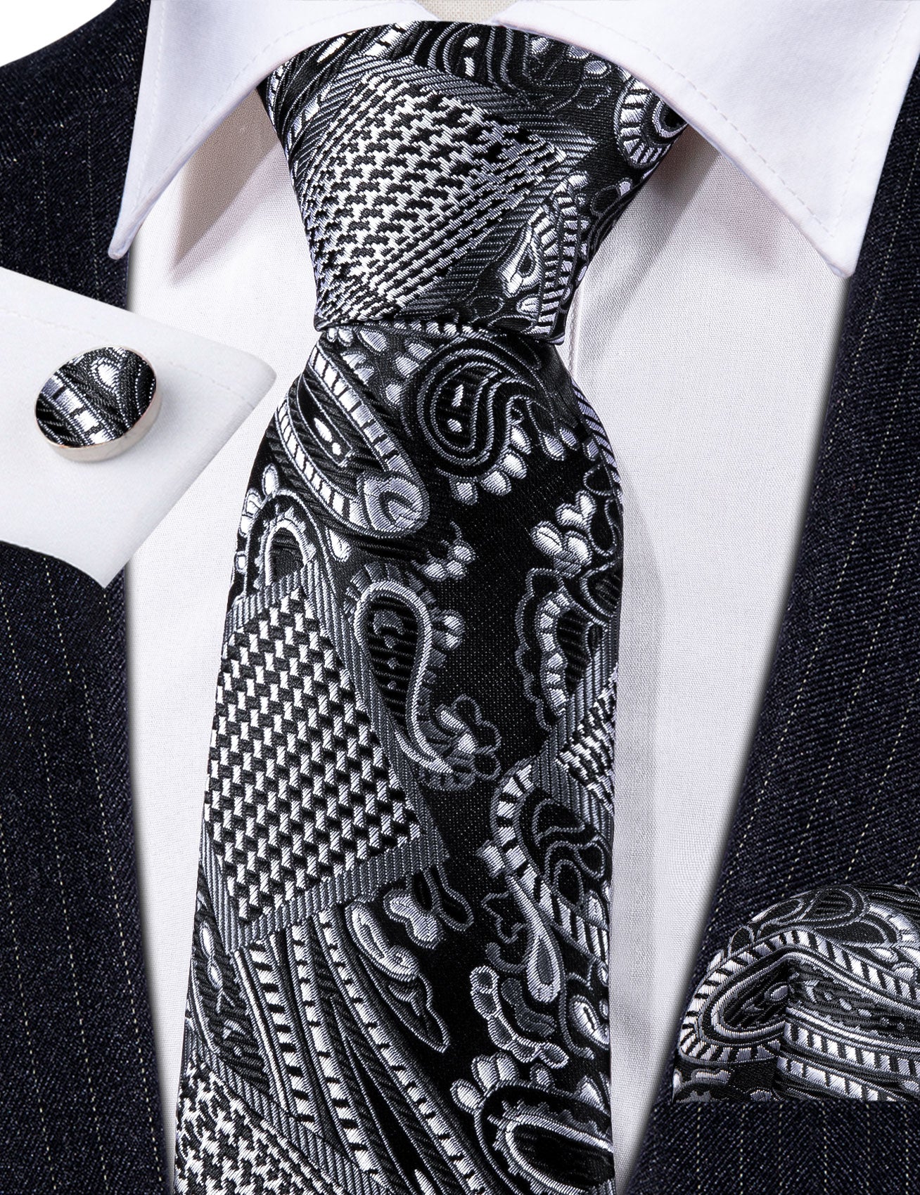 Black White Paisley Silk Tie Handkerchief Cufflinks Set