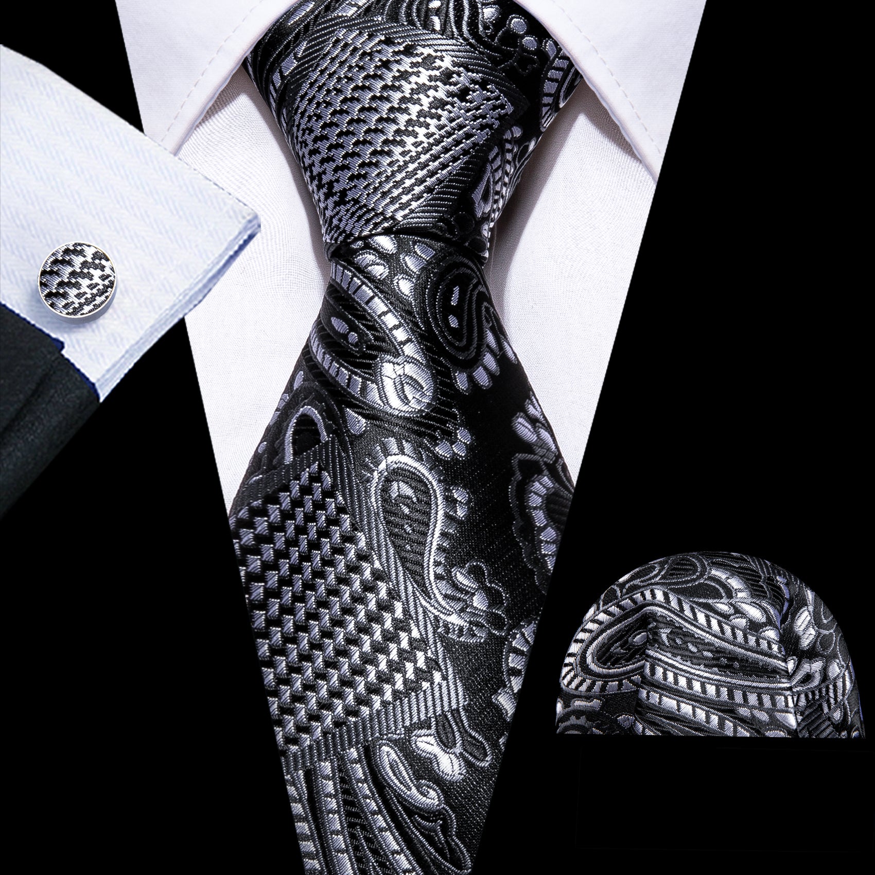 Black White Paisley Silk Tie Handkerchief Cufflinks Set
