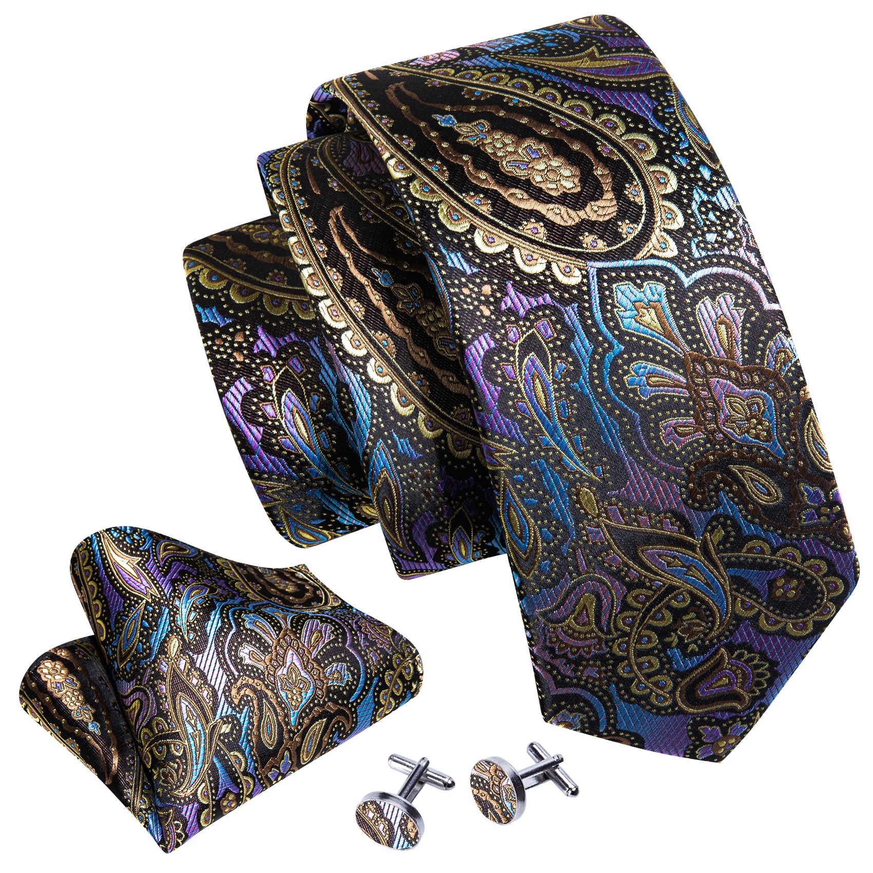 Novelty Colorful Paisley Silk Tie Handkerchief Cufflinks Set