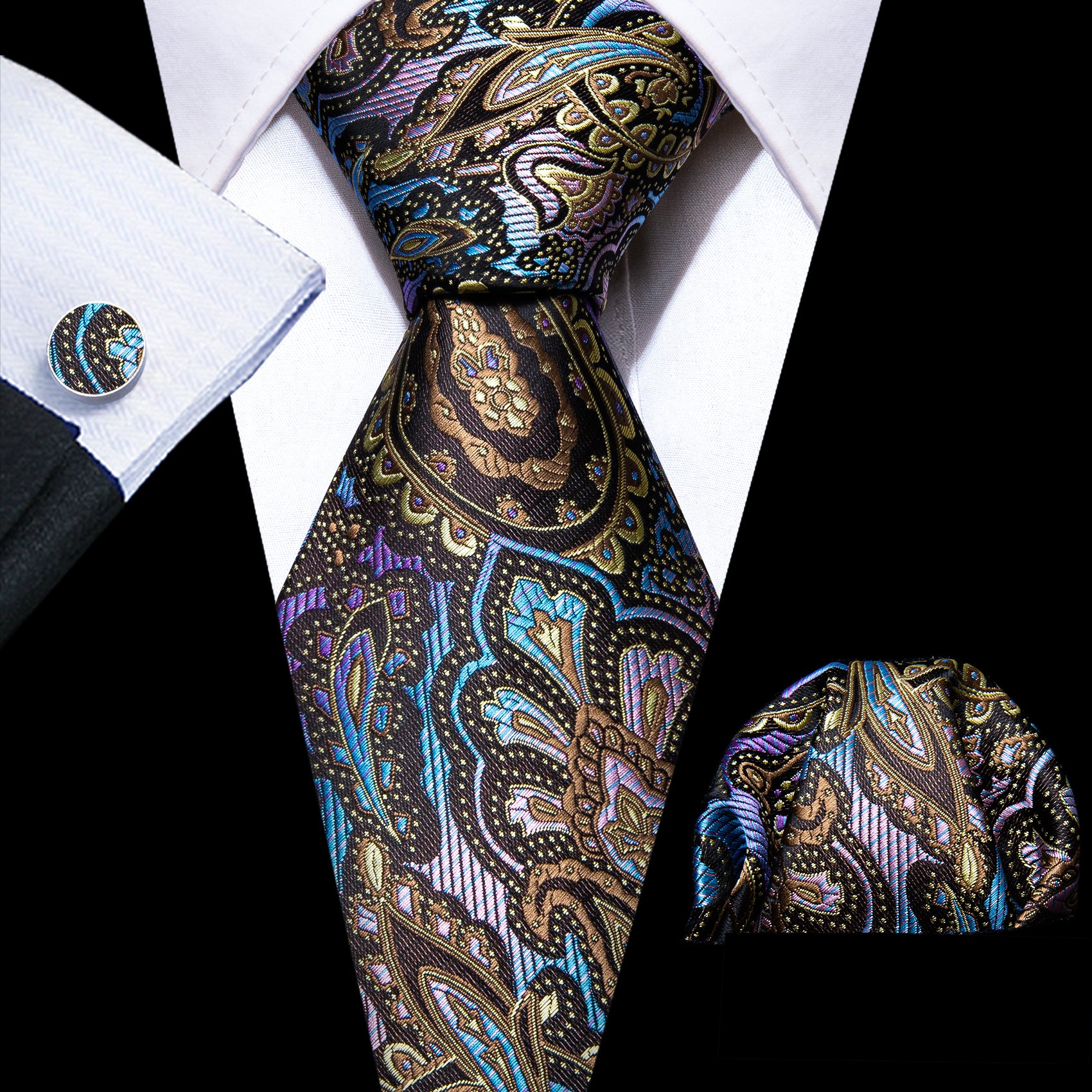 Novelty Colorful Paisley Silk Tie Handkerchief Cufflinks Set