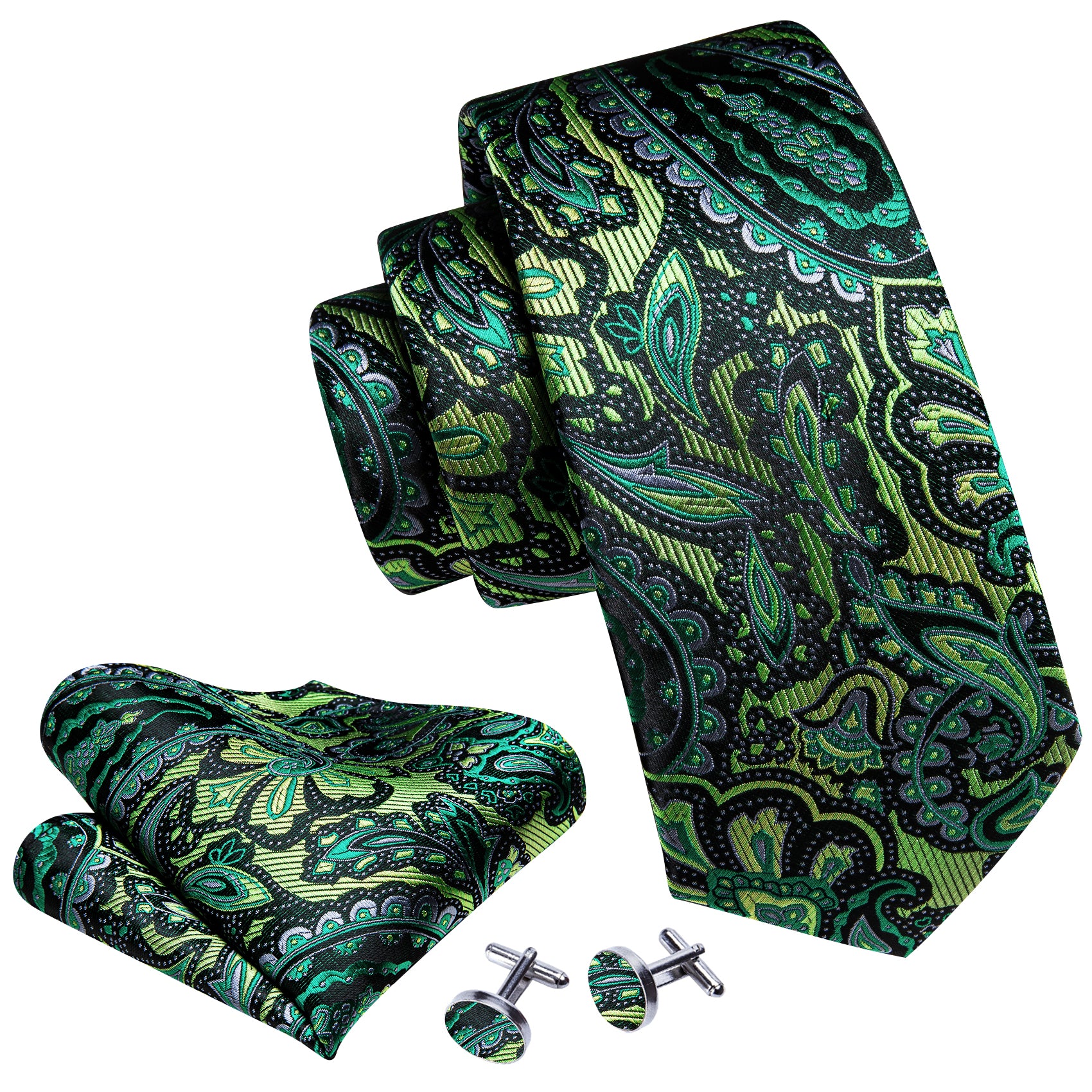 Barry Wang Green Tie Paisley Silk Men's Tie Handkerchief Cufflinks Set