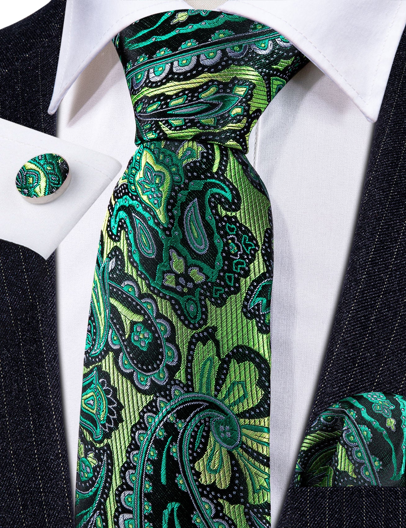 Barry.wang Green Tie Paisley Silk Men's Tie Handkerchief Cufflinks Set