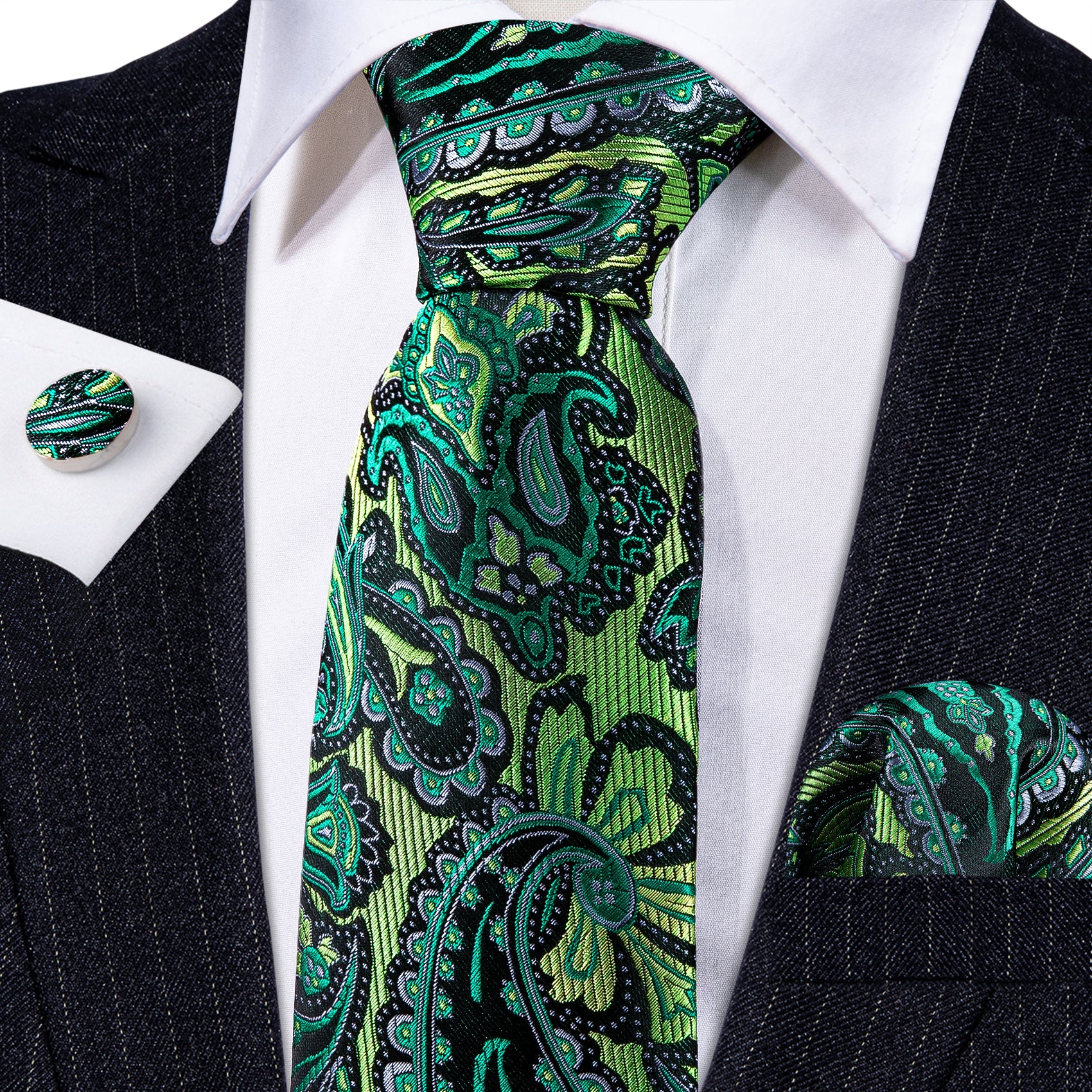 Barry.wang Green Tie Paisley Silk Men's Tie Handkerchief Cufflinks Set