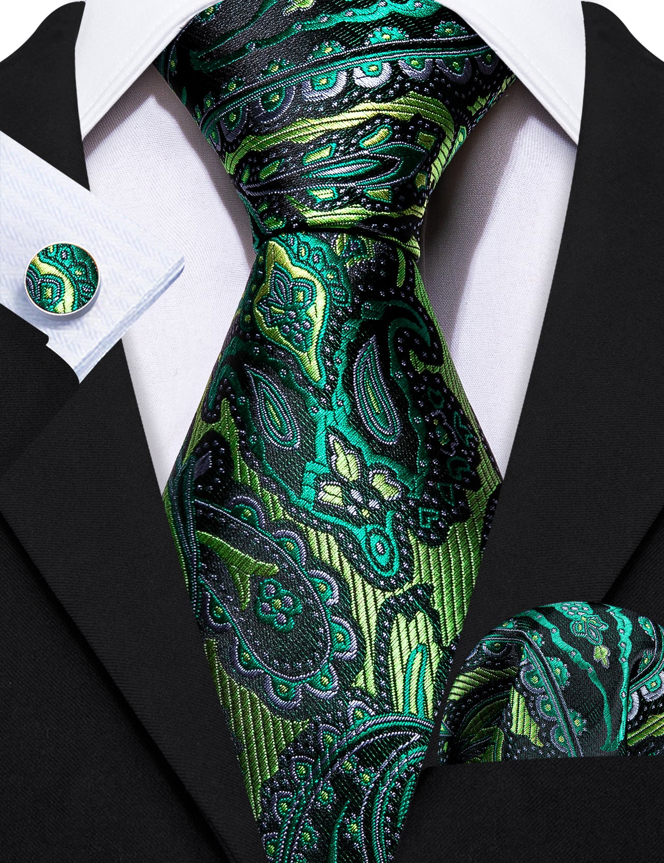 Barry Wang Green Tie Paisley Silk Men's Tie Handkerchief Cufflinks Set