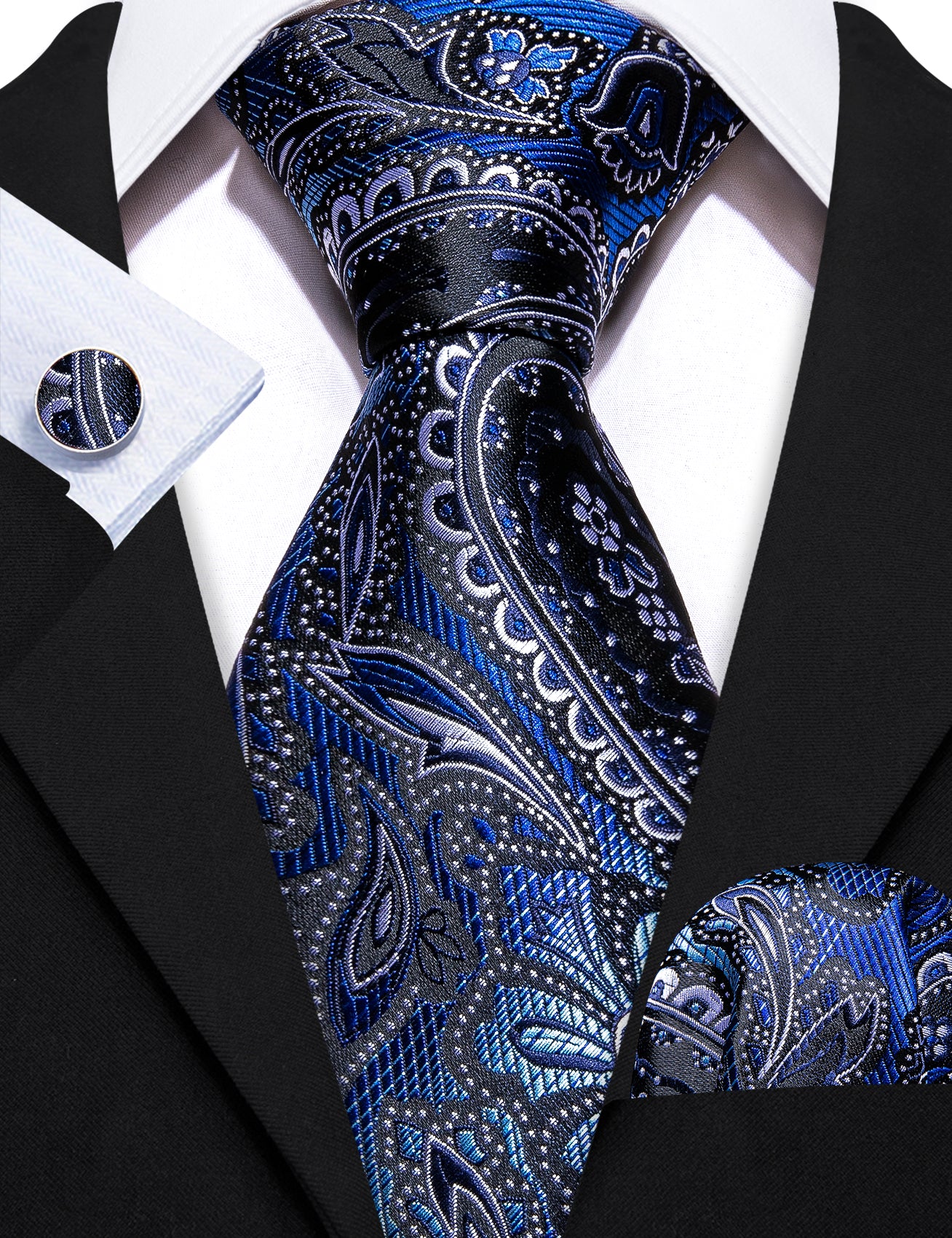 Formal Blue Black Paisley Silk Tie Handkerchief Cufflinks Set