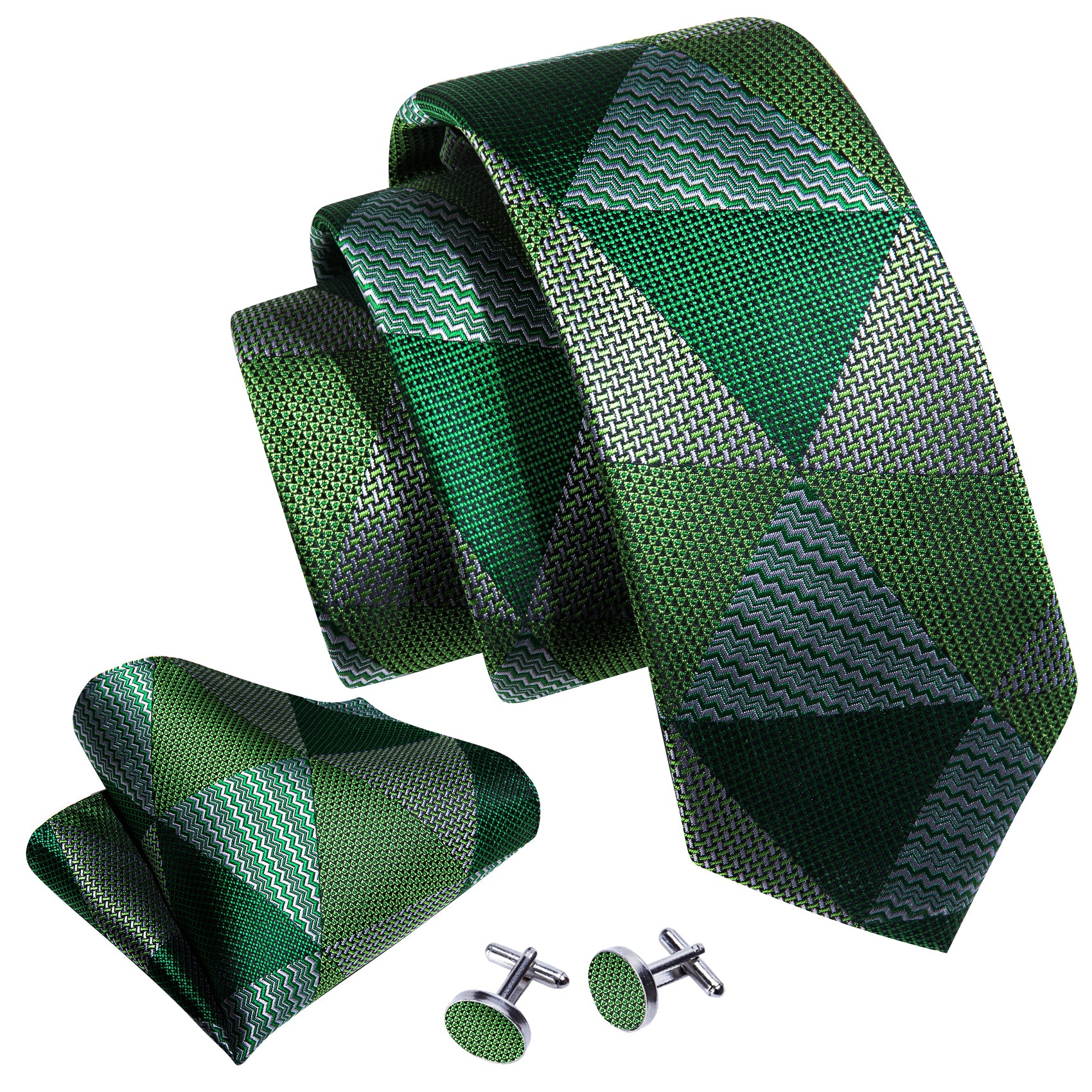Green Triangle Solid Silk Tie Handkerchief Cufflinks Set
