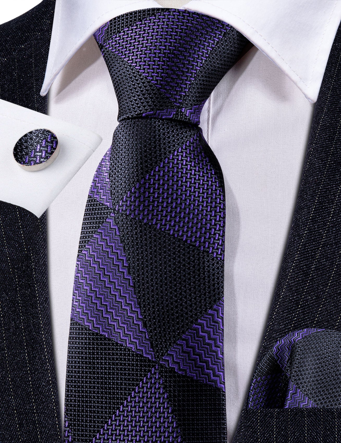 Purple Black Triangle Solid Silk Tie Handkerchief Cufflinks Set