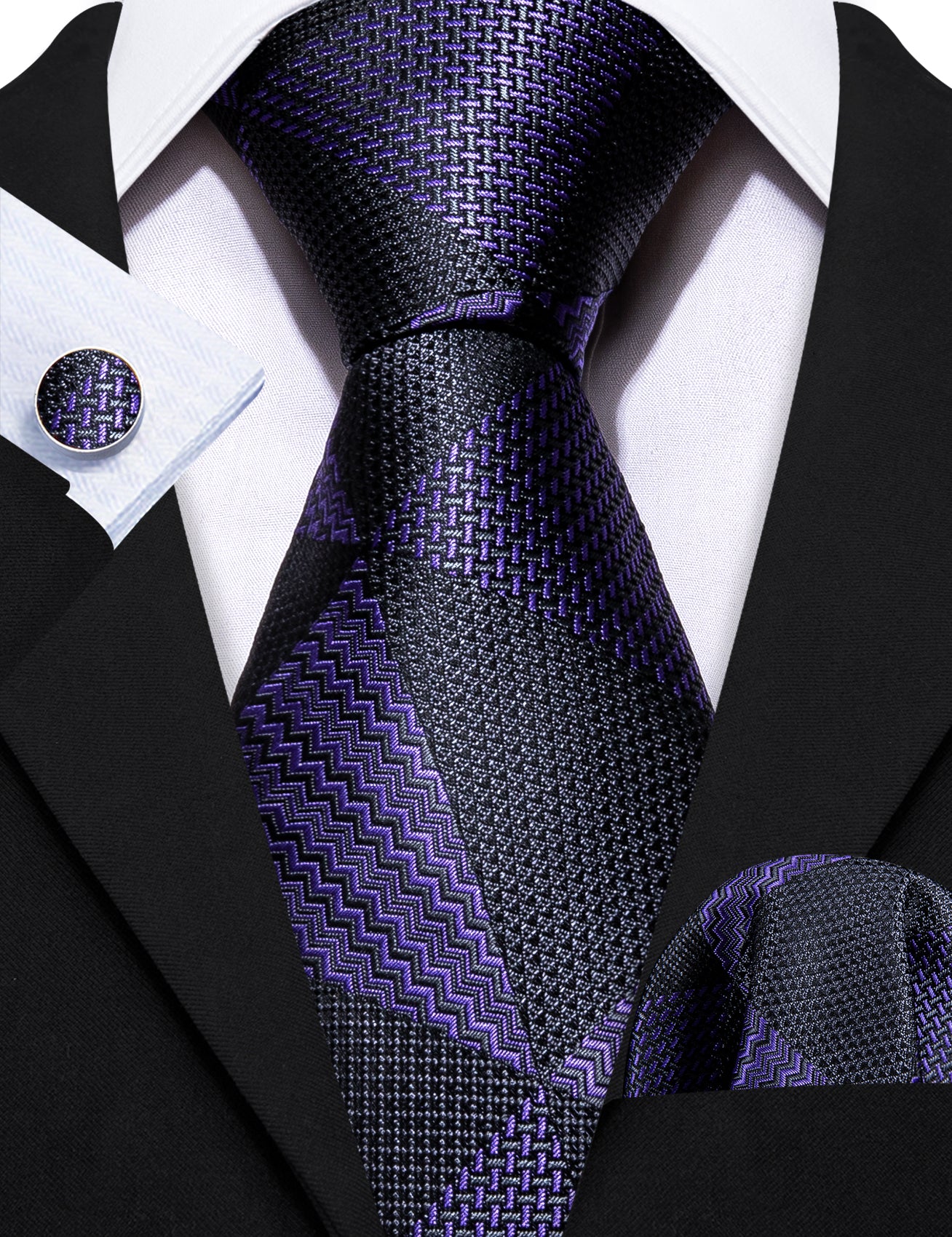 black purple geometric mens ties and pocket squares