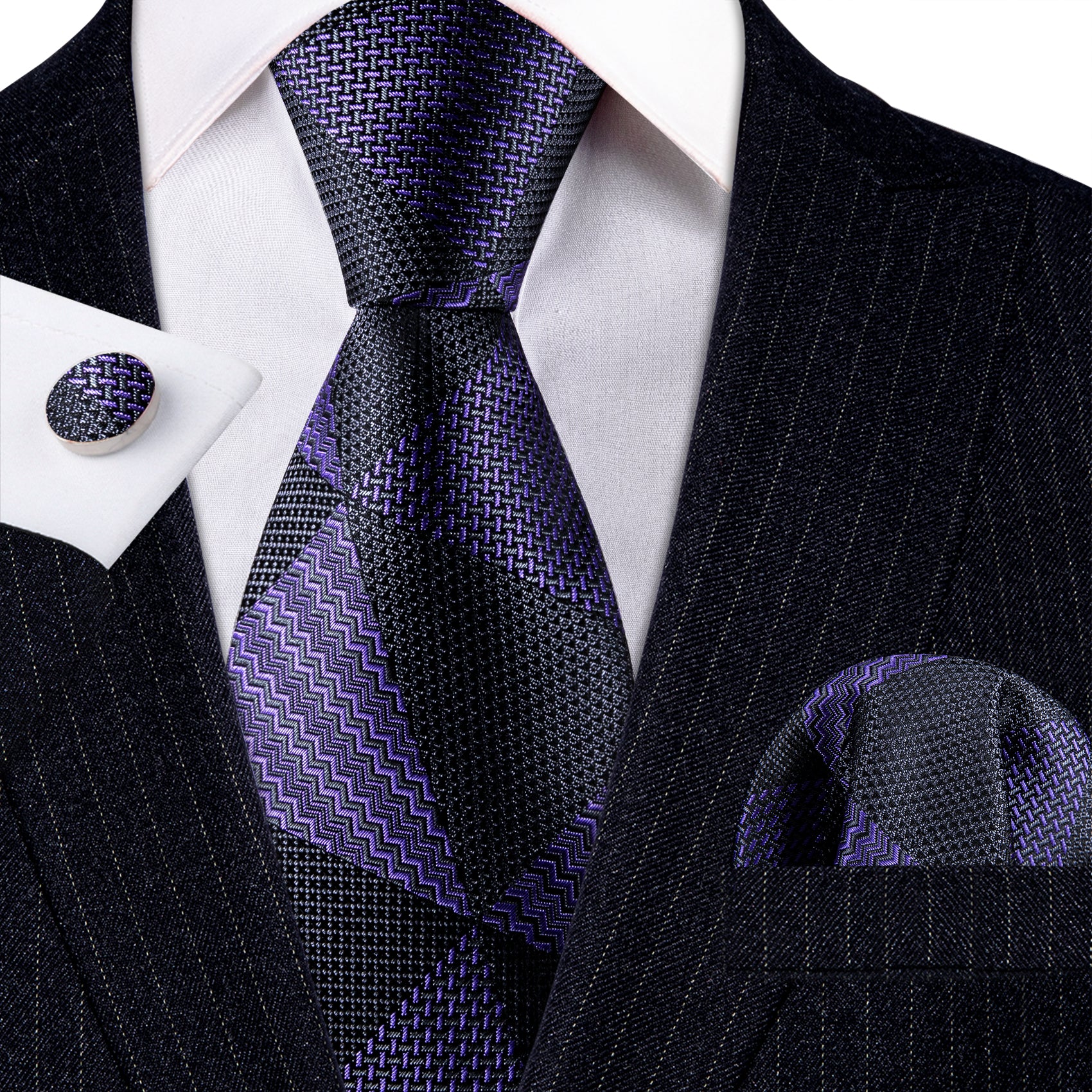 Purple Black Triangle Solid Silk Tie Handkerchief Cufflinks Set