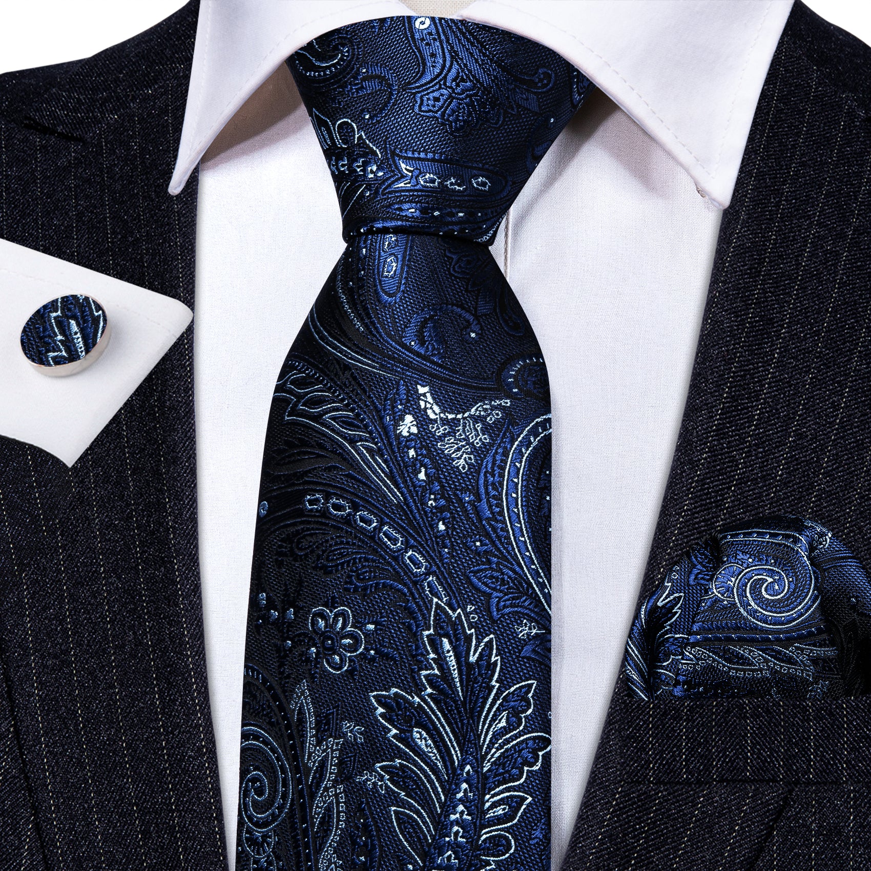 Blue Paisley Silk Tie Handkerchief Cufflinks Set