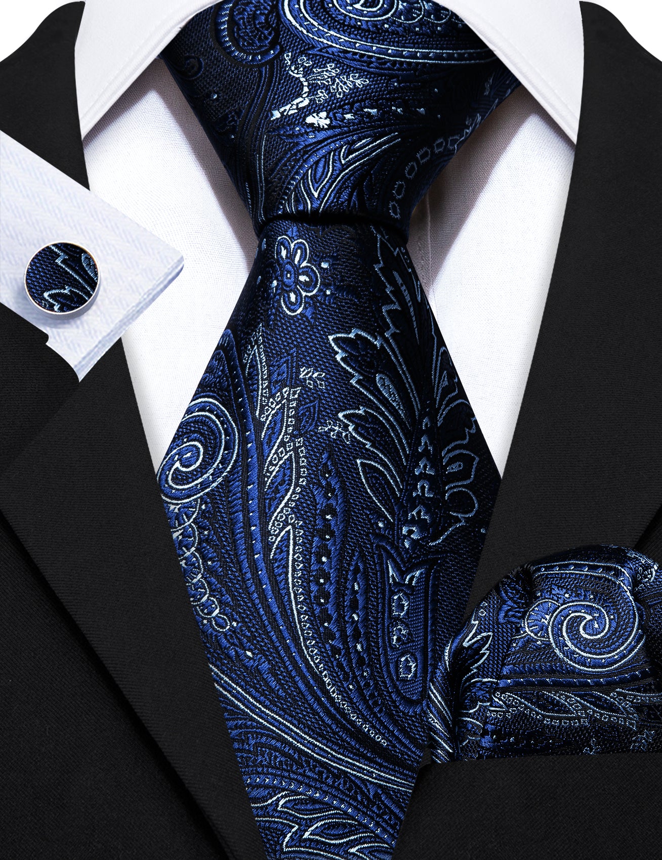 Blue Paisley Silk Tie Handkerchief Cufflinks Set
