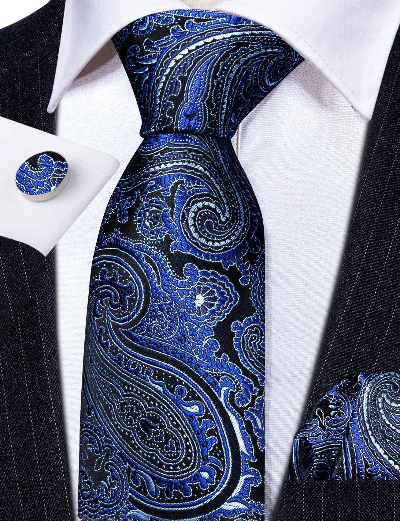 Formal Blue Paisley Silk Tie Handkerchief Cufflinks Set