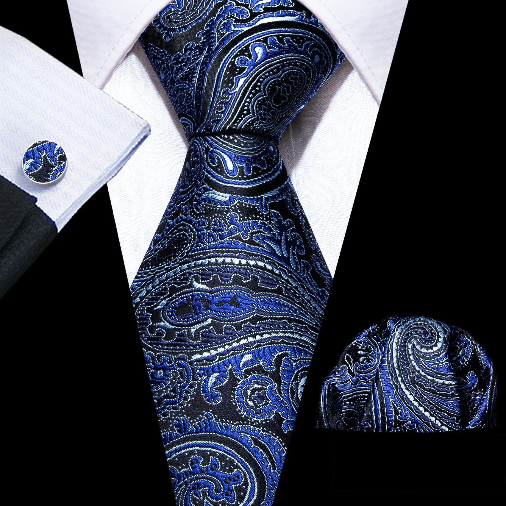 Formal Blue Paisley Silk Tie Handkerchief Cufflinks Set