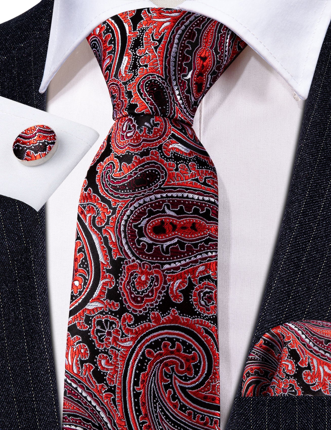 Formal Red Black Paisley Silk Tie Handkerchief Cufflinks Set