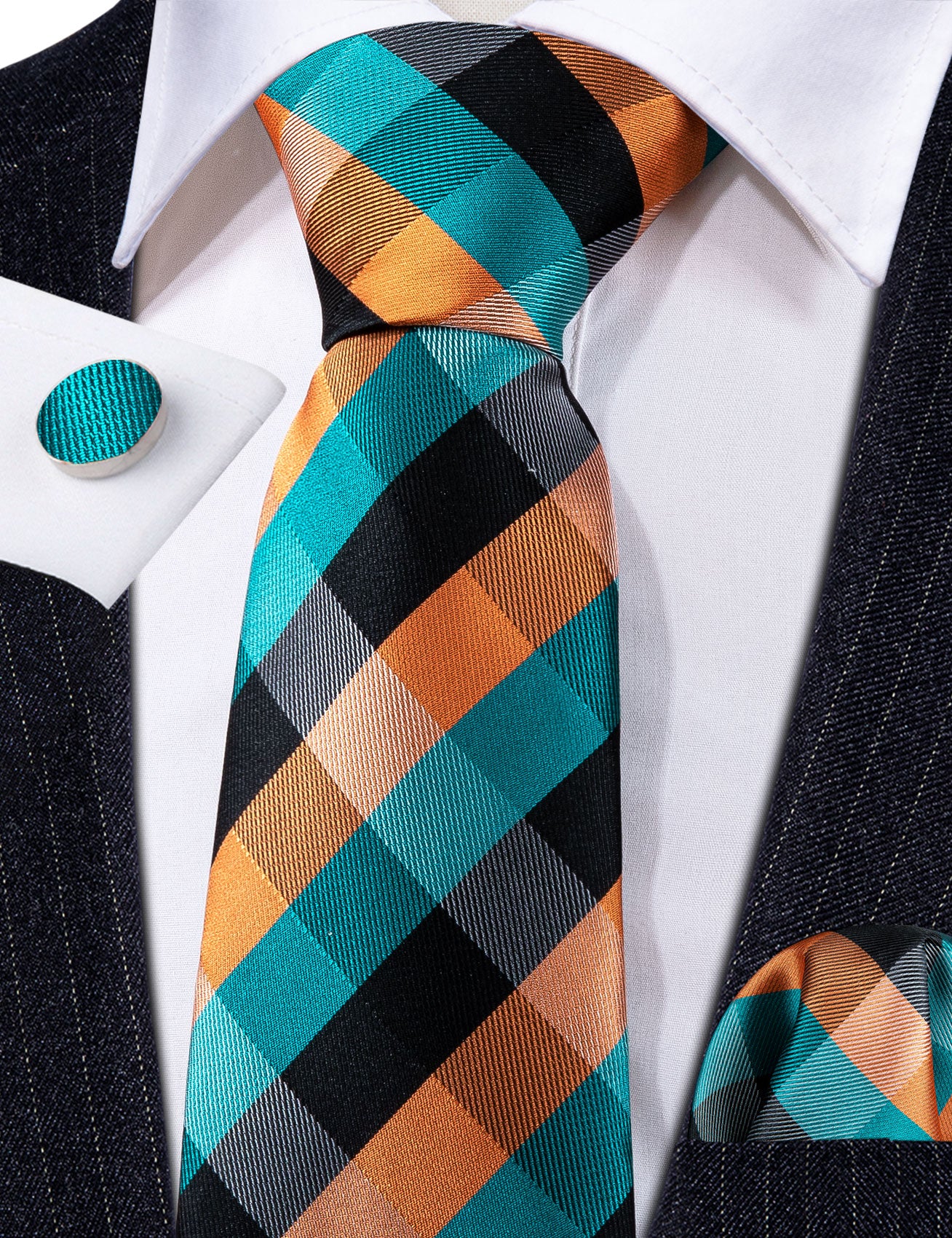 Blue Orange Plaid Silk Tie Handkerchief Cufflinks Set