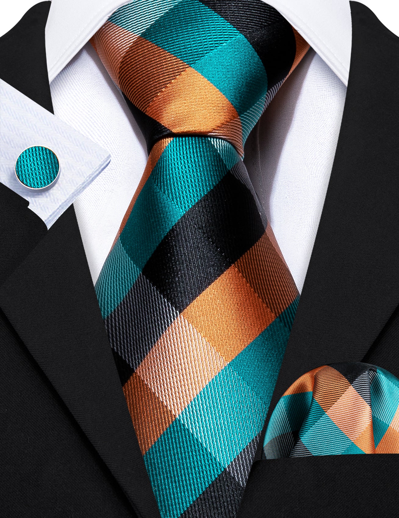 Blue Orange Plaid Silk Tie Handkerchief Cufflinks Set
