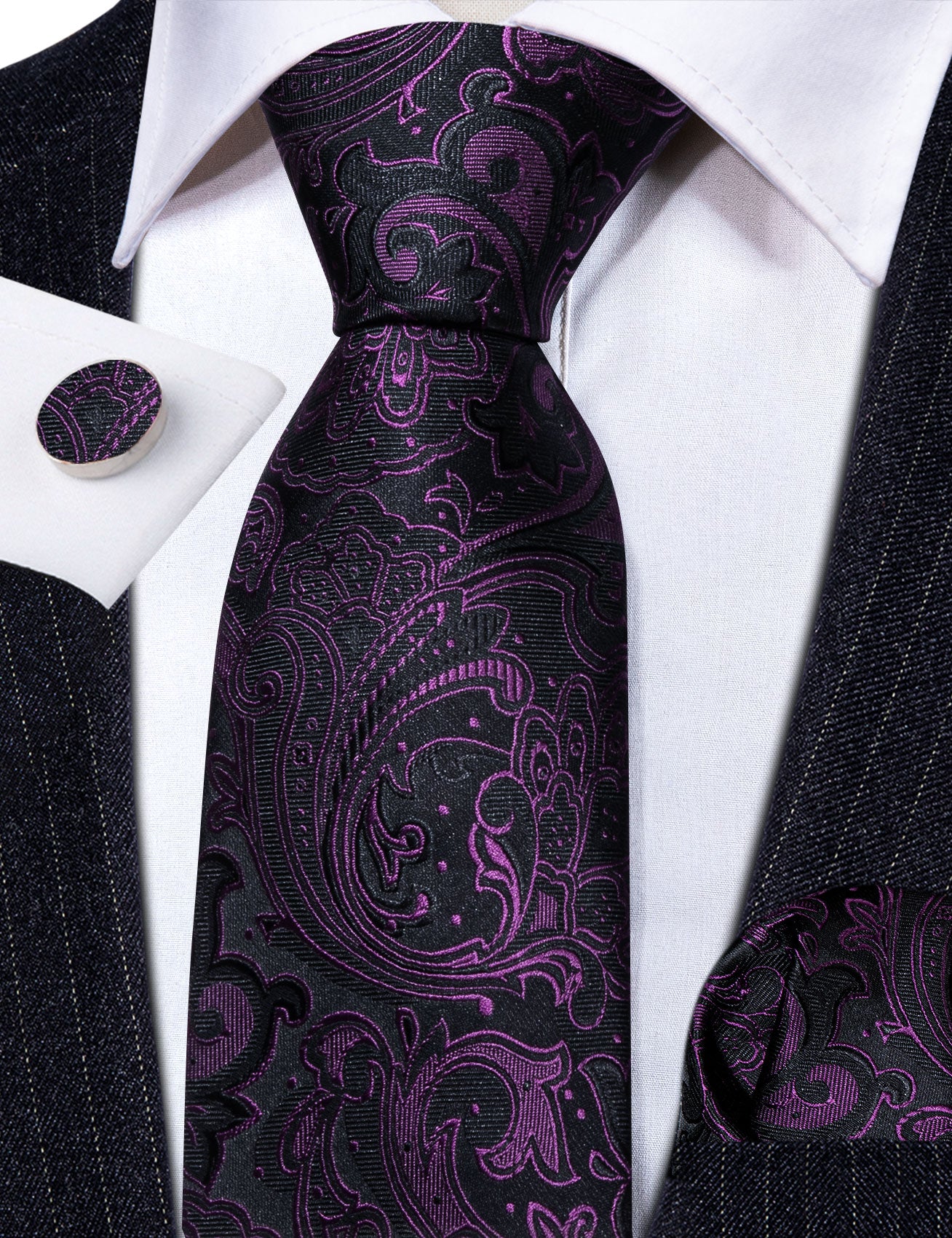 Purple Black Paisley Silk Tie Hanky Cufflinks Set