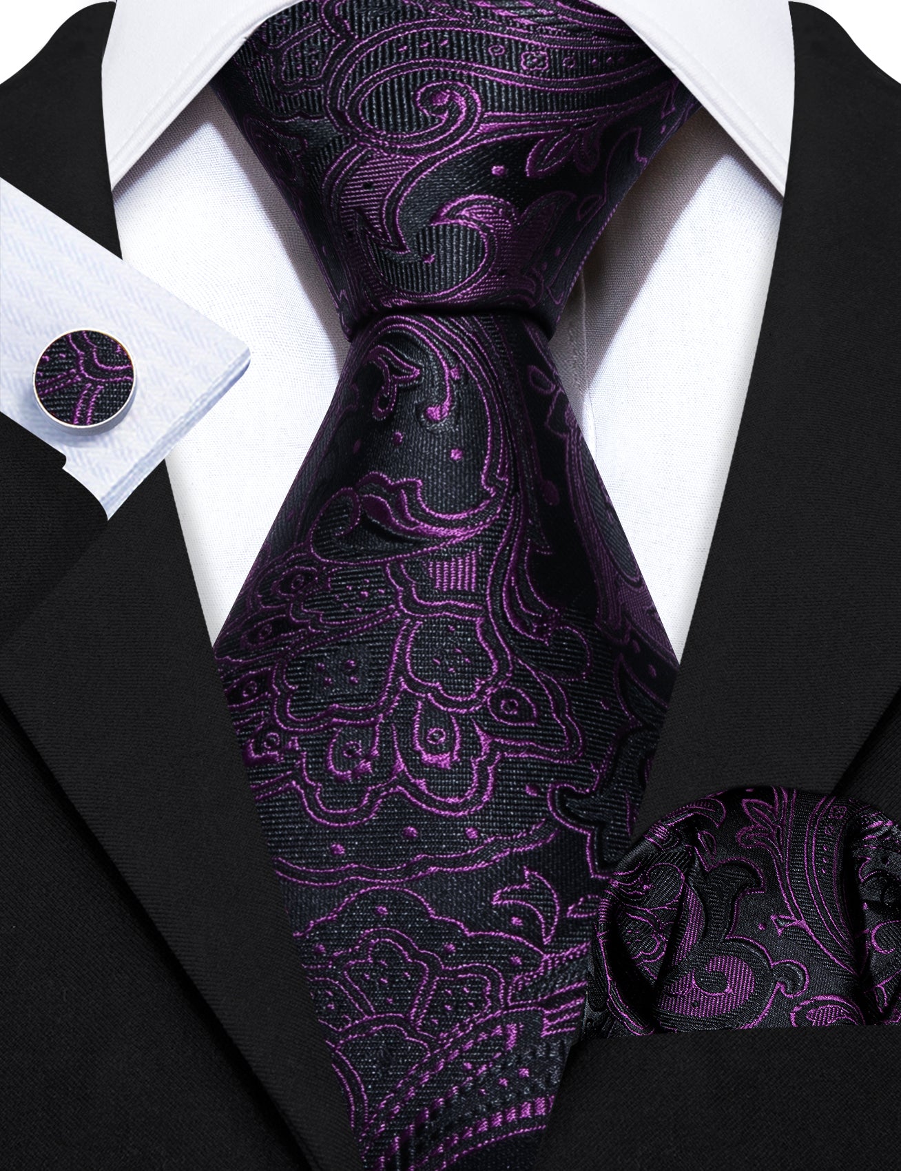 Purple Black Paisley Silk Tie Hanky Cufflinks Set