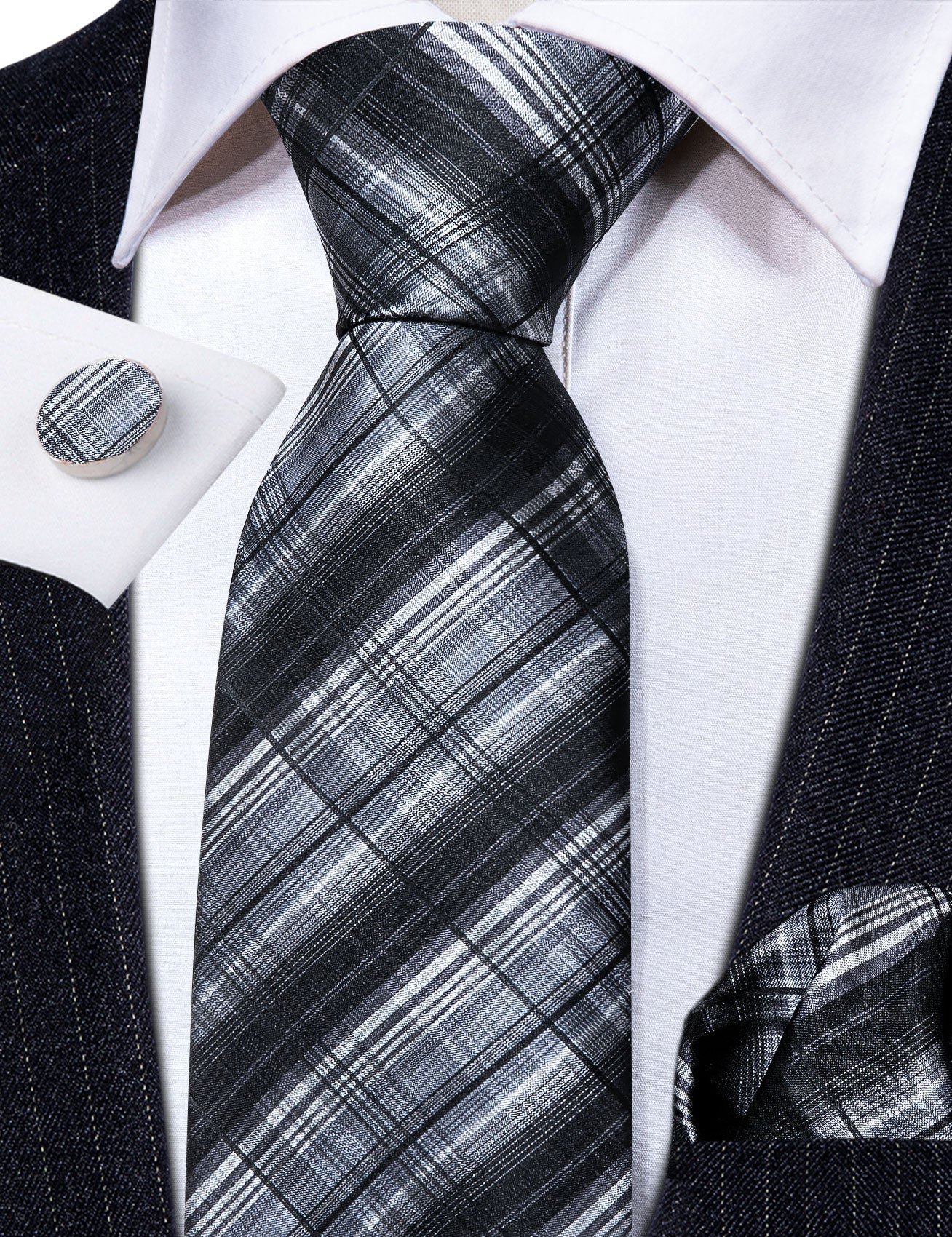 Black Grey Striped Paisley Silk Tie Hanky Cufflinks Set