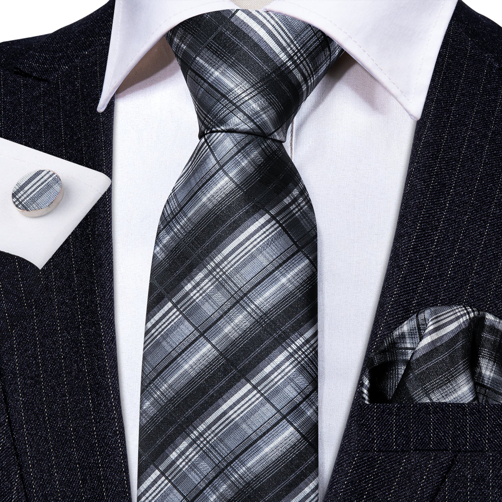 Black Grey Striped Paisley Silk Tie Hanky Cufflinks Set