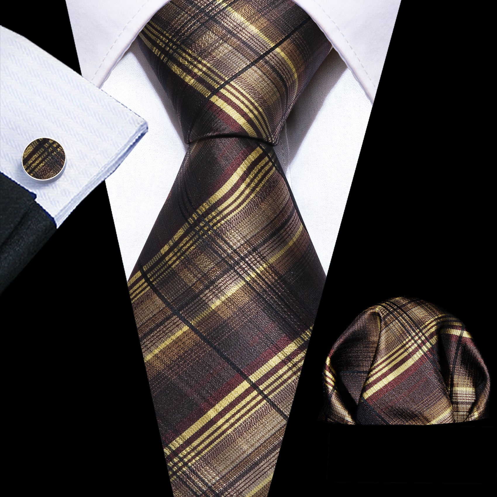 Brown Yellow Striped Paisley Silk Tie Hanky Cufflinks Set