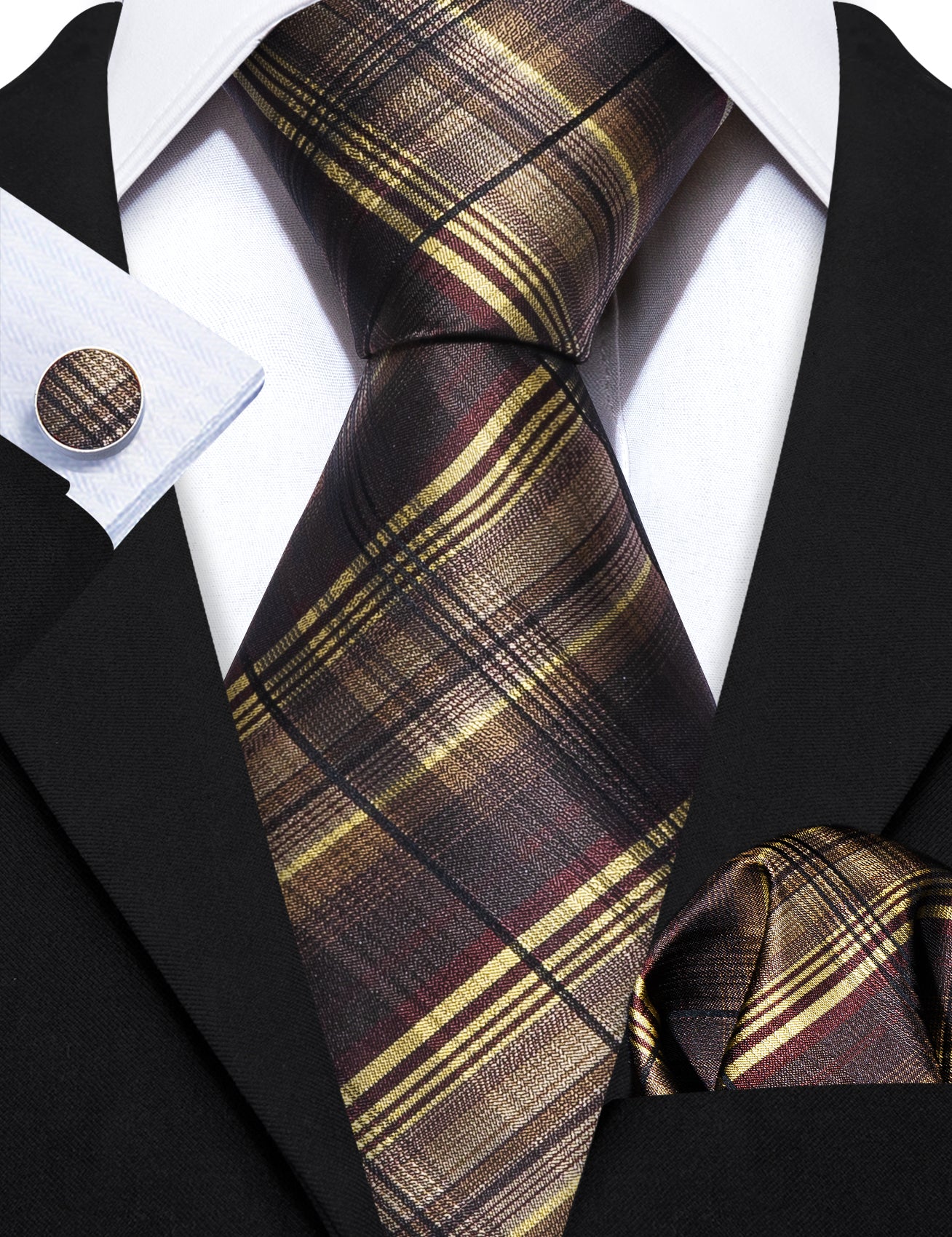 Brown Yellow Striped Paisley Silk Tie Hanky Cufflinks Set