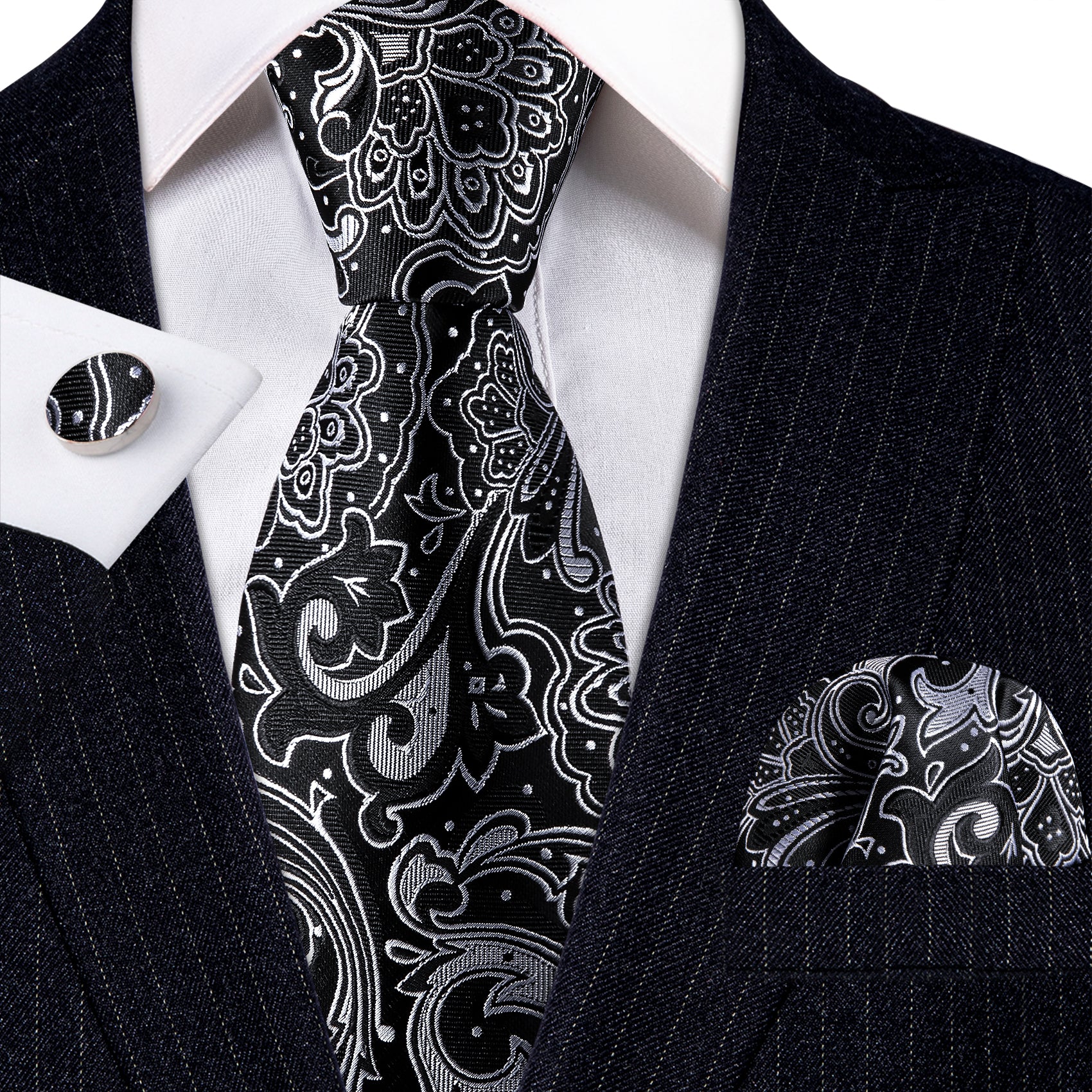 Awesome Black White Flower Tie Pocket Square Cufflinks Set