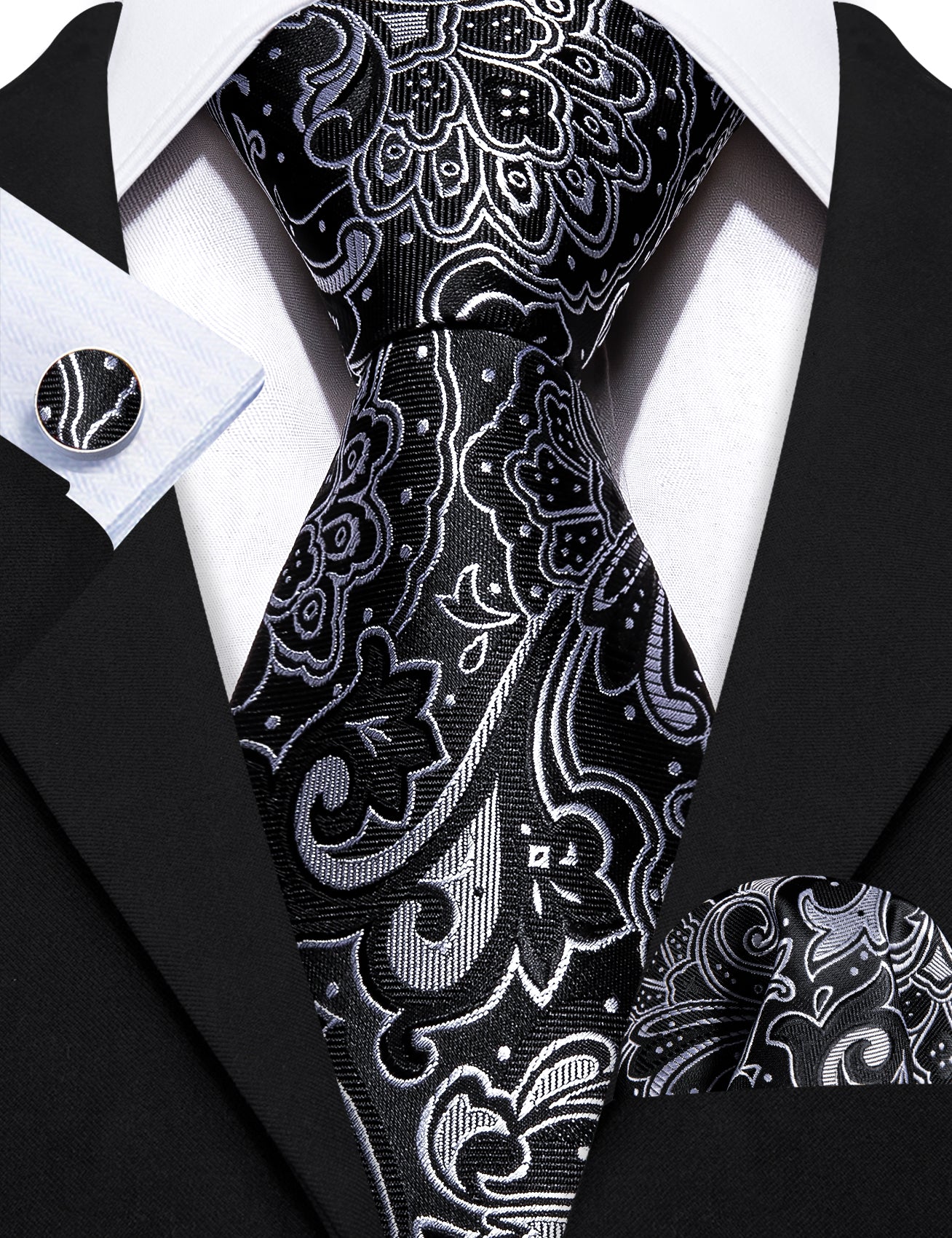 Awesome Black White Flower Tie Pocket Square Cufflinks Set