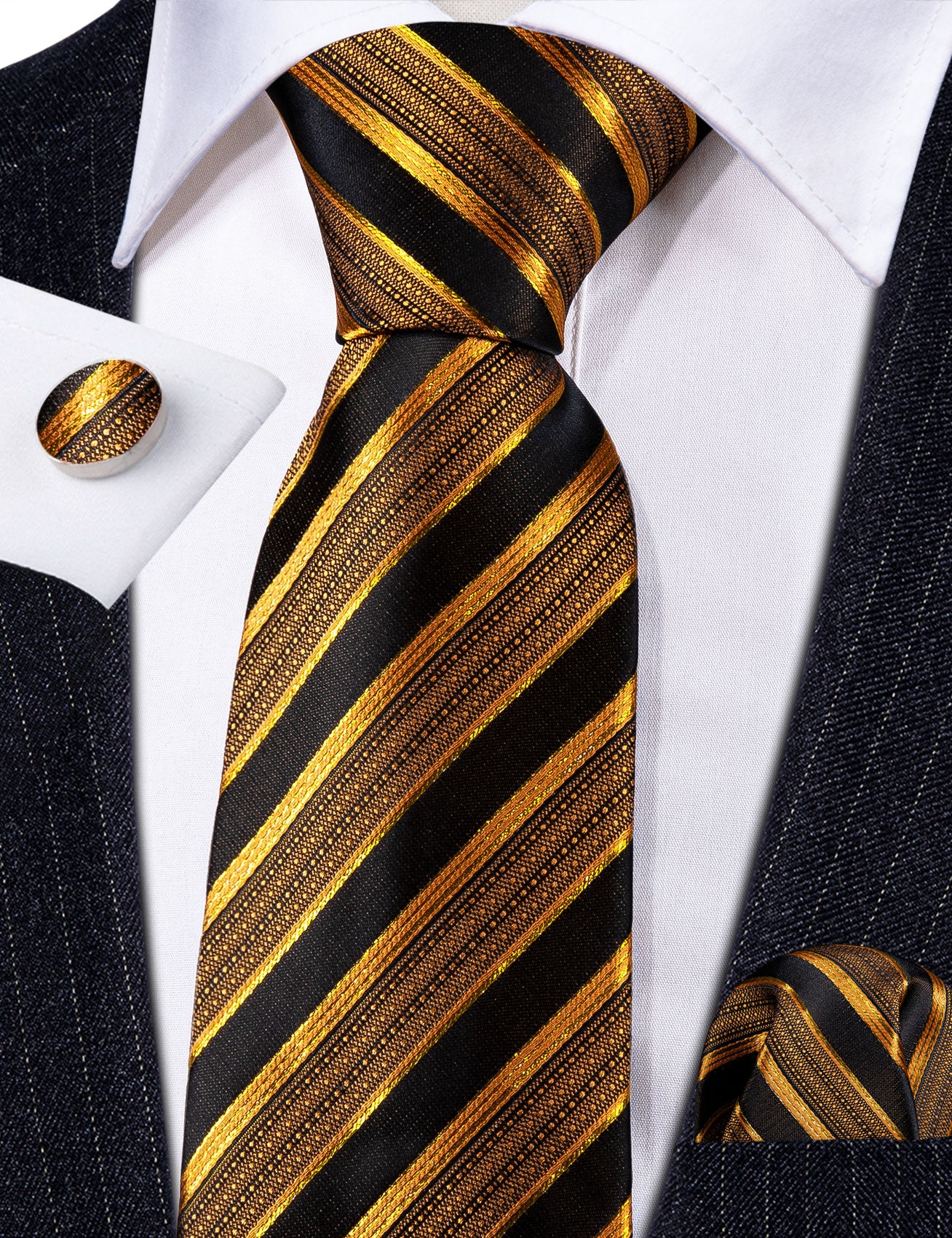 Formal Black Gold Striped Silk Tie Handkerchief Cufflinks Set