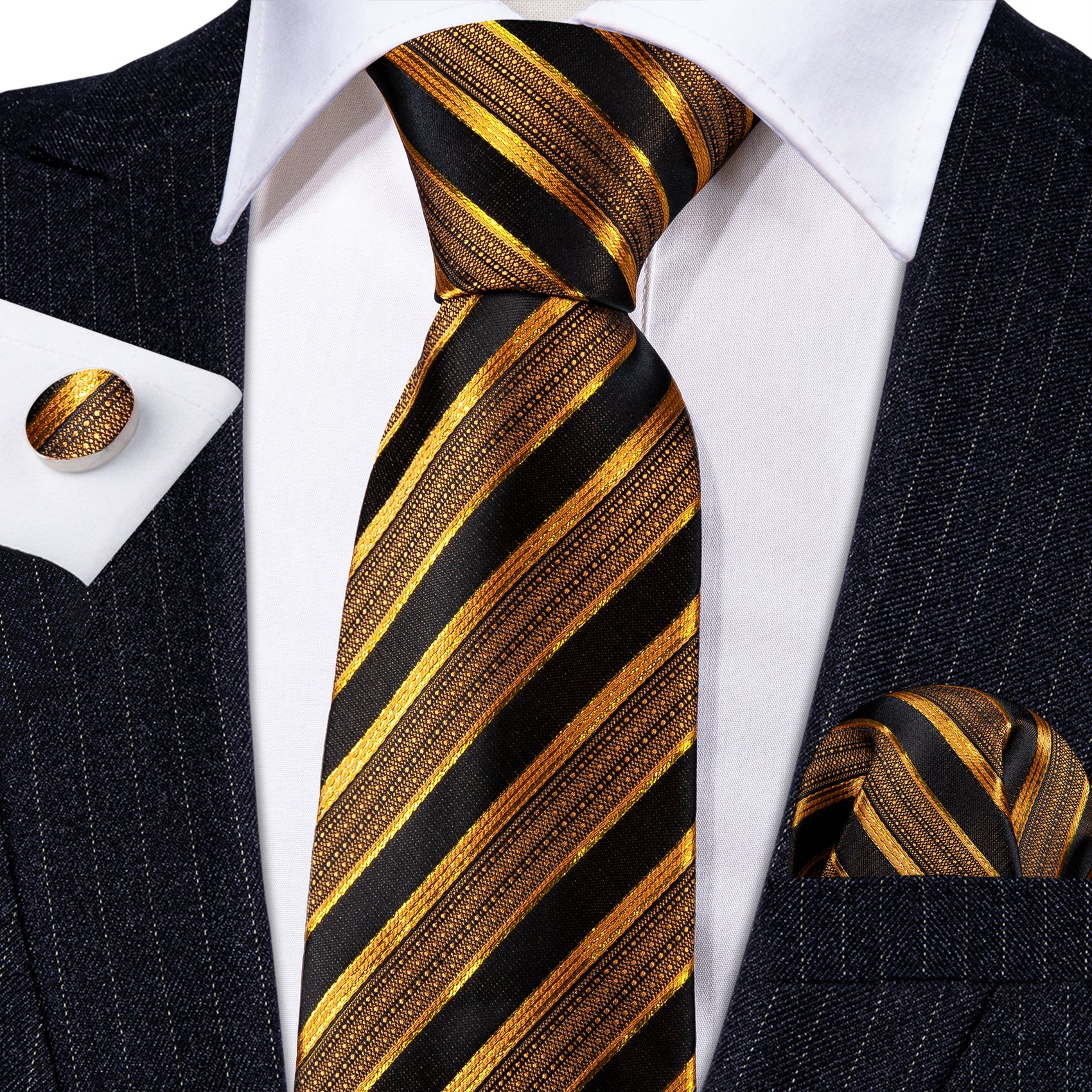 Formal Black Gold Striped Silk Tie Handkerchief Cufflinks Set