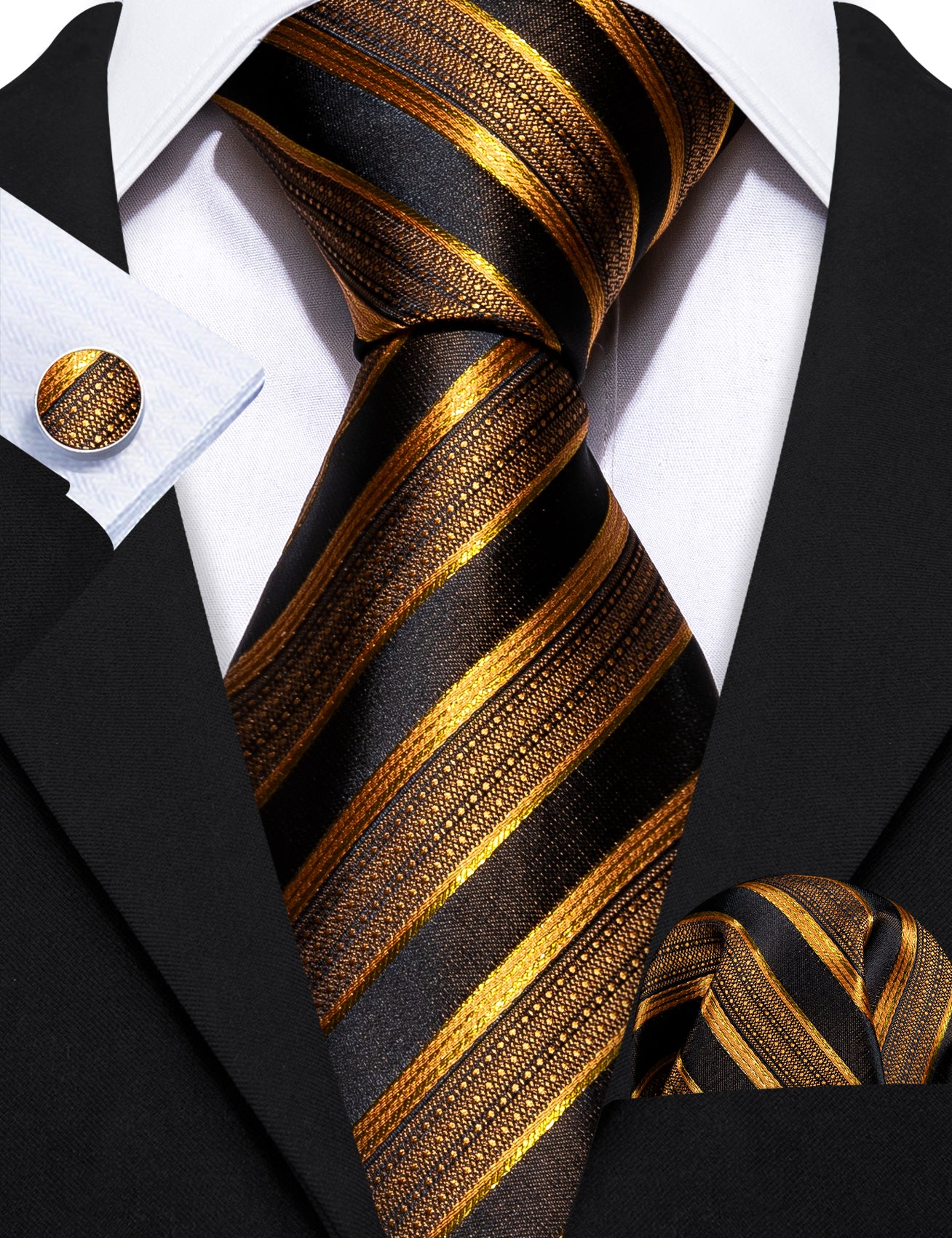 Barry. Wang Black Tie Gold Striped Silk Necktie Handkerchief Cufflinks Set for Men Business Barry. Wang Black Tie Gold Striped Silk Necktie Handkerchief Cufflinks Set for Men Business