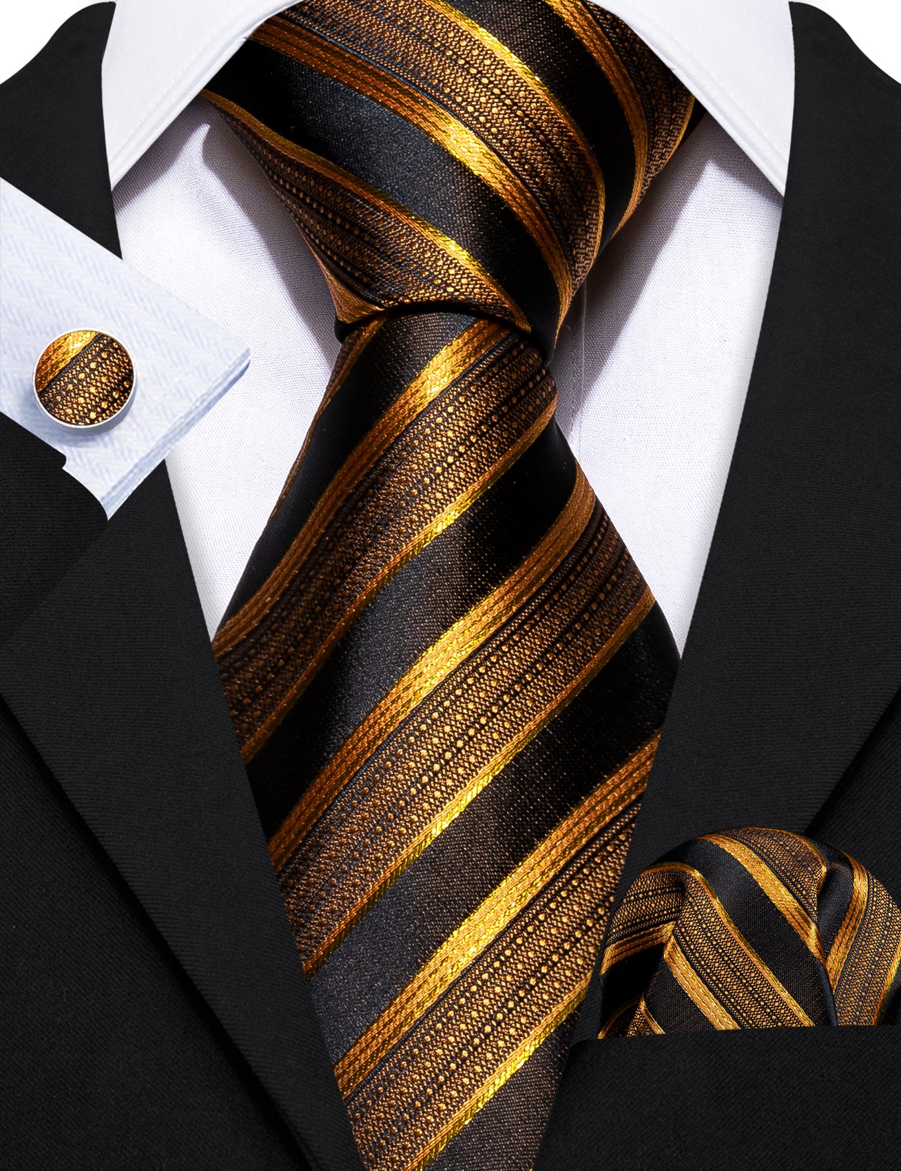 Barry.wang Black Tie Gold Striped Silk Tie Handkerchief Cufflinks Set