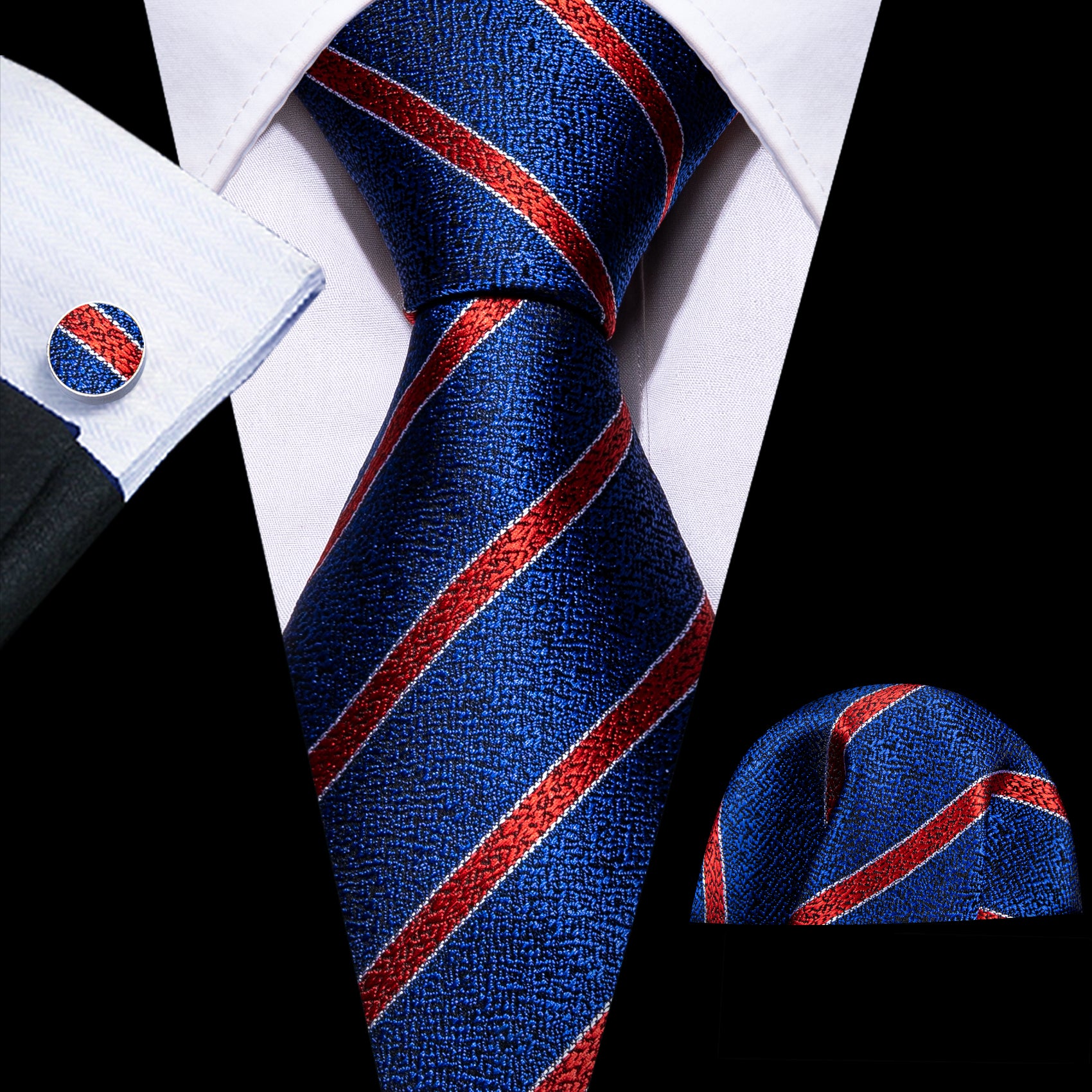 Red Blue Striped Silk Tie Handkerchief Cufflinks Set