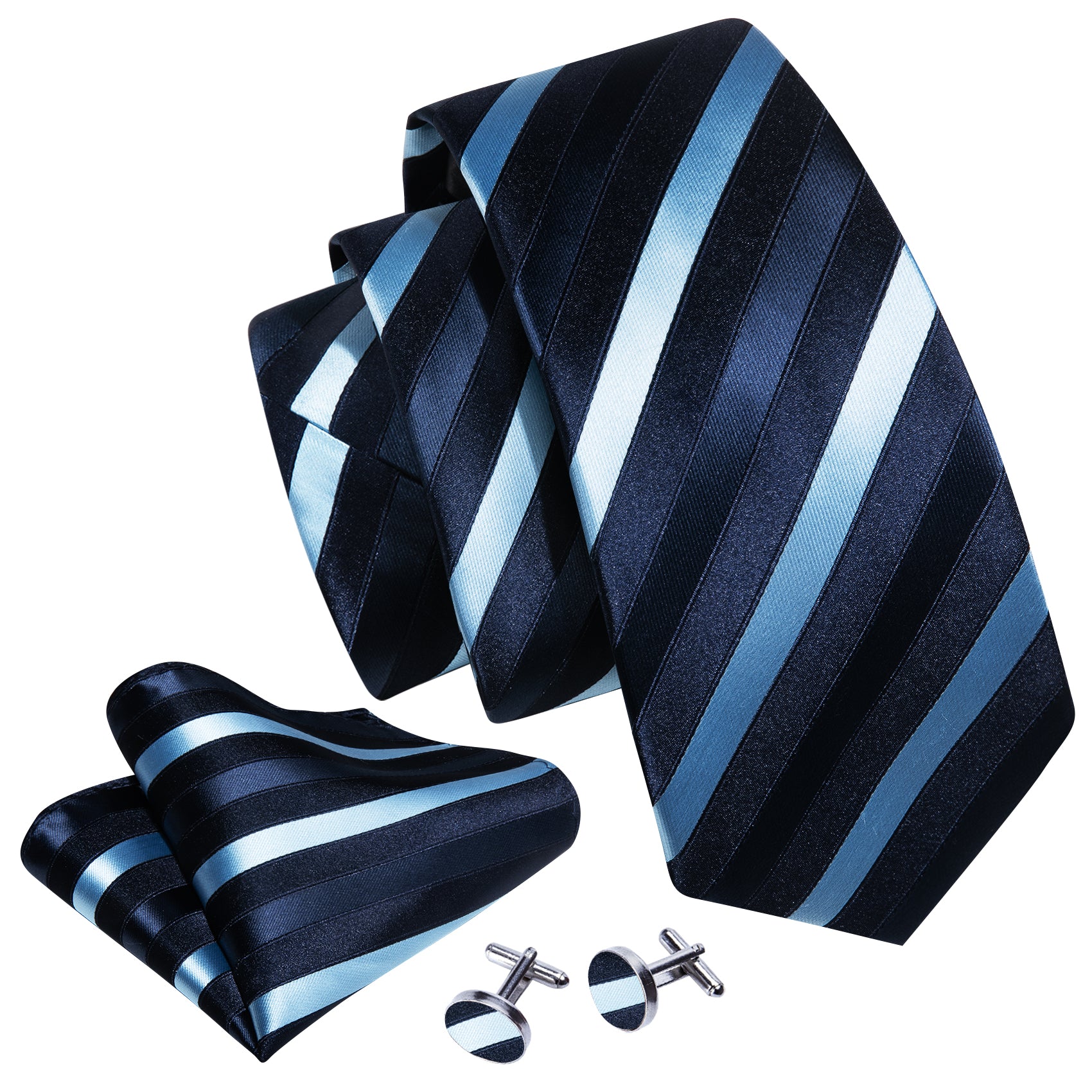  Dark Blue Sky Blue Stripes Tie Handkerchief Cufflinks Set