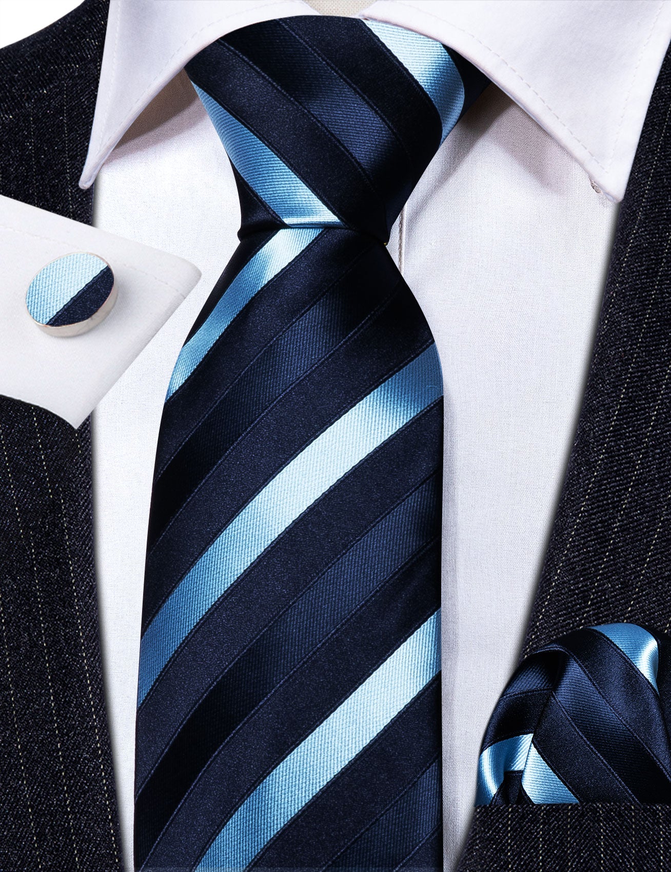  Dark Blue Sky Blue Stripes Tie Handkerchief Cufflinks Set