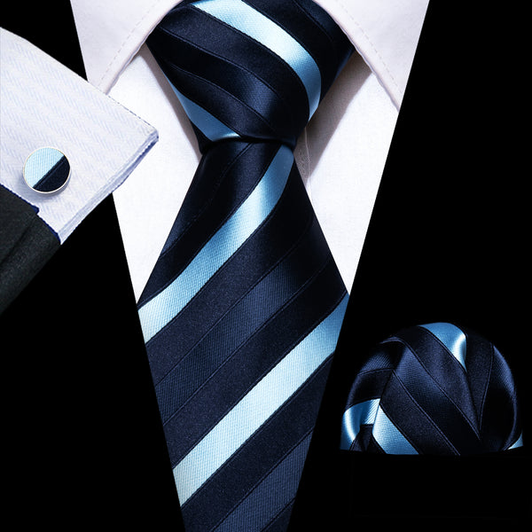 Barry.Wang Men's Formal Tie Set - Royal Blue Stripe Woven Tie With Handkerchief & Cufflinks