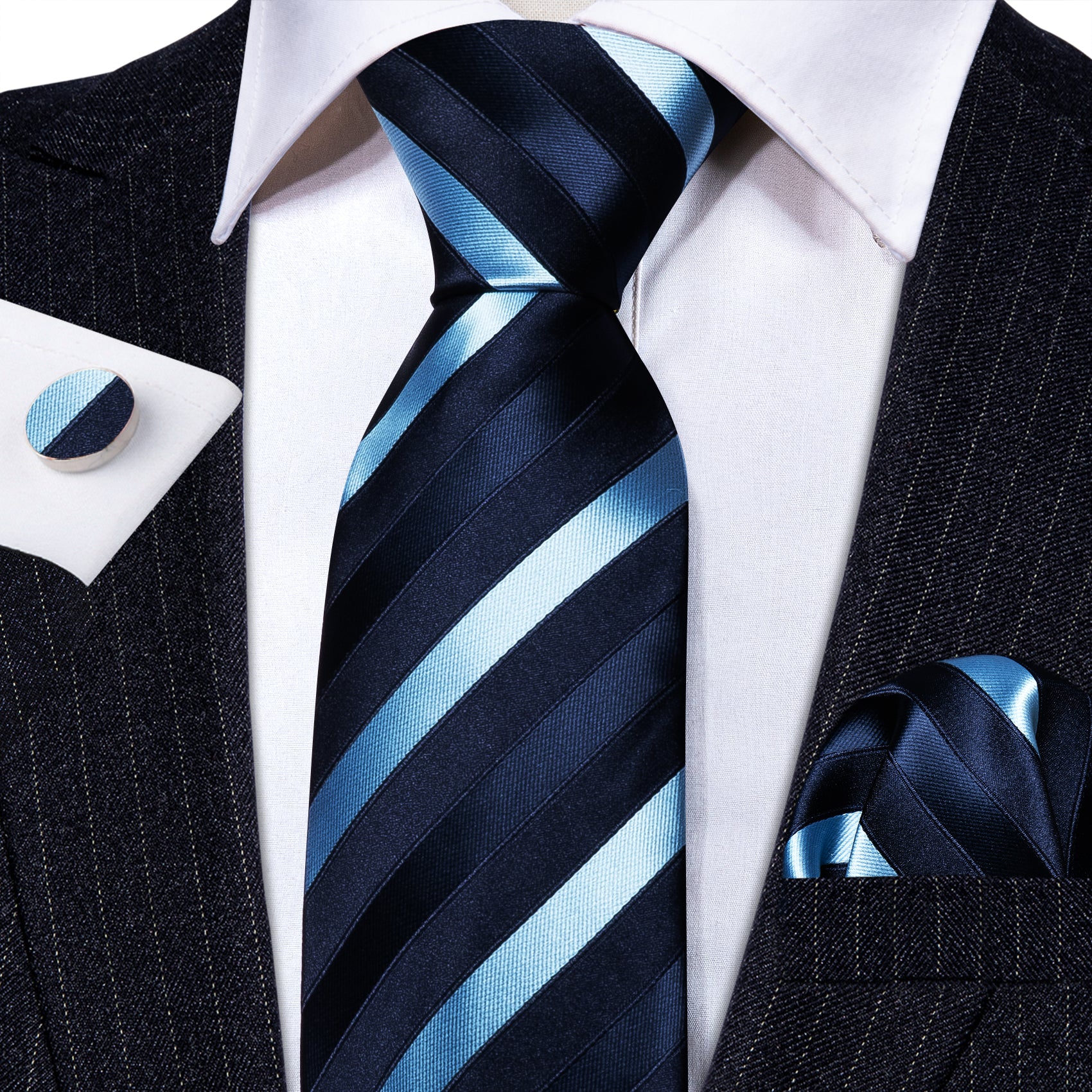  Dark Blue Sky Blue Stripes Tie Handkerchief Cufflinks Set
